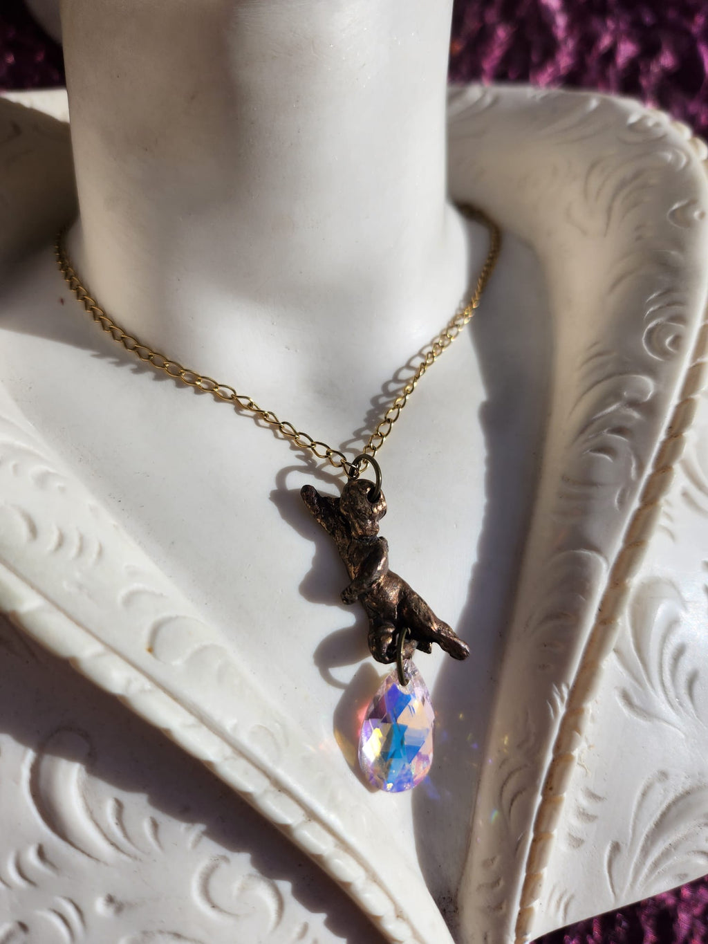 Echoes of Heaven Collection - Handmade Bronze Angel Pendant with Aurora Crystal