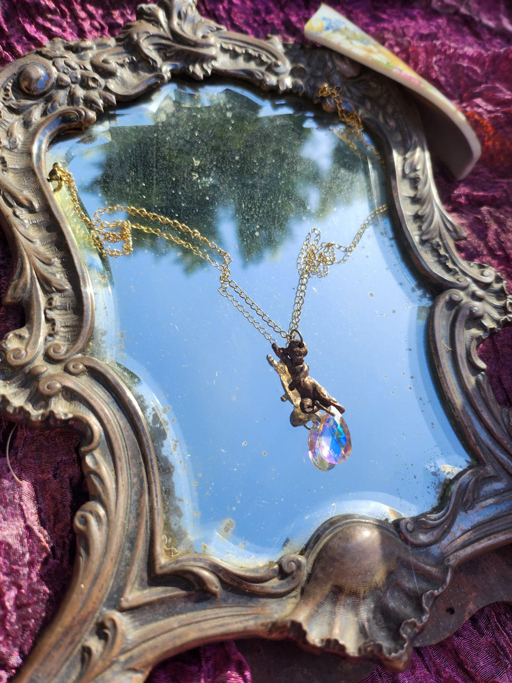 Echoes of Heaven Collection - Handmade Bronze Angel Pendant with Aurora Crystal