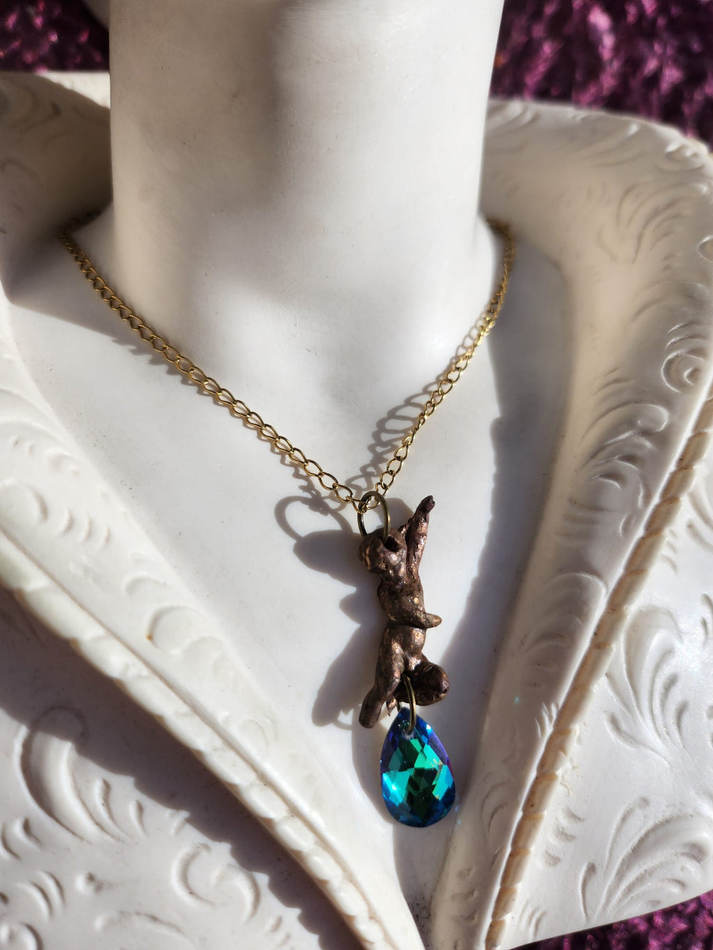 Echoes of Heaven Collection - Handmade Bronze Angel Pendant with Emerald Aurora Crystal