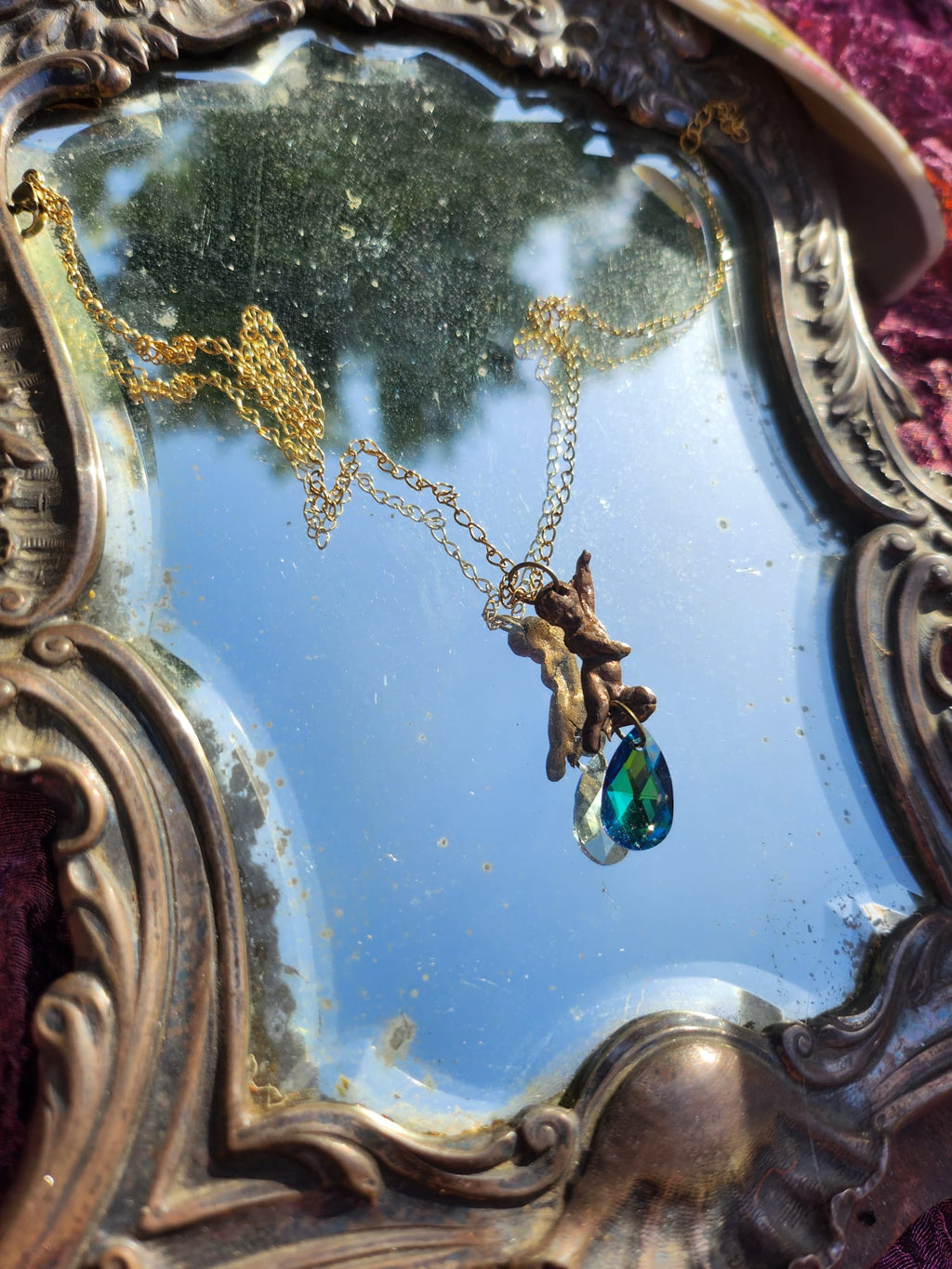 Echoes of Heaven Collection - Handmade Bronze Angel Pendant with Emerald Aurora Crystal