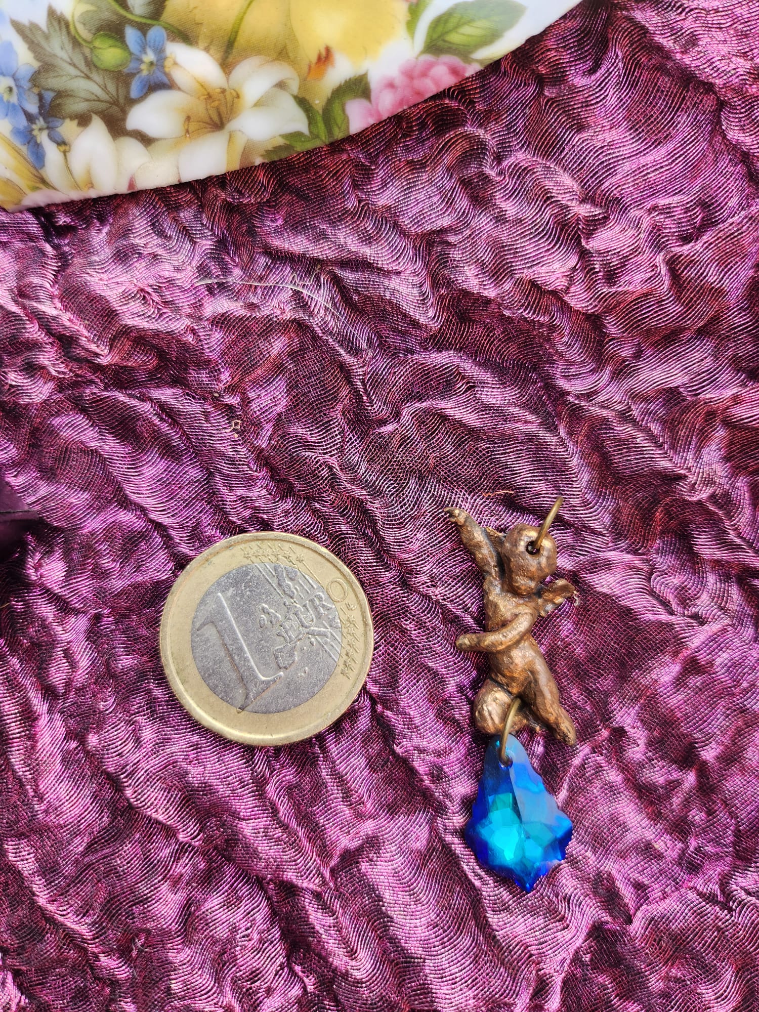 Echoes of Heaven Collection - Handmade Bronze Angel Pendant with Deep Sapphire Crystal