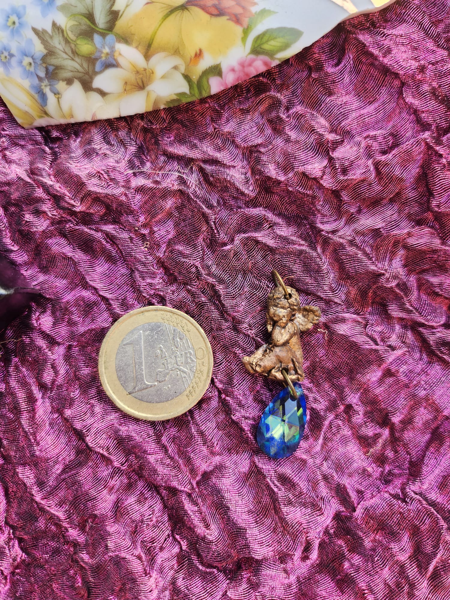 Echoes of Heaven Collection - Handmade Bronze Angel Pendant with Blue Crystal