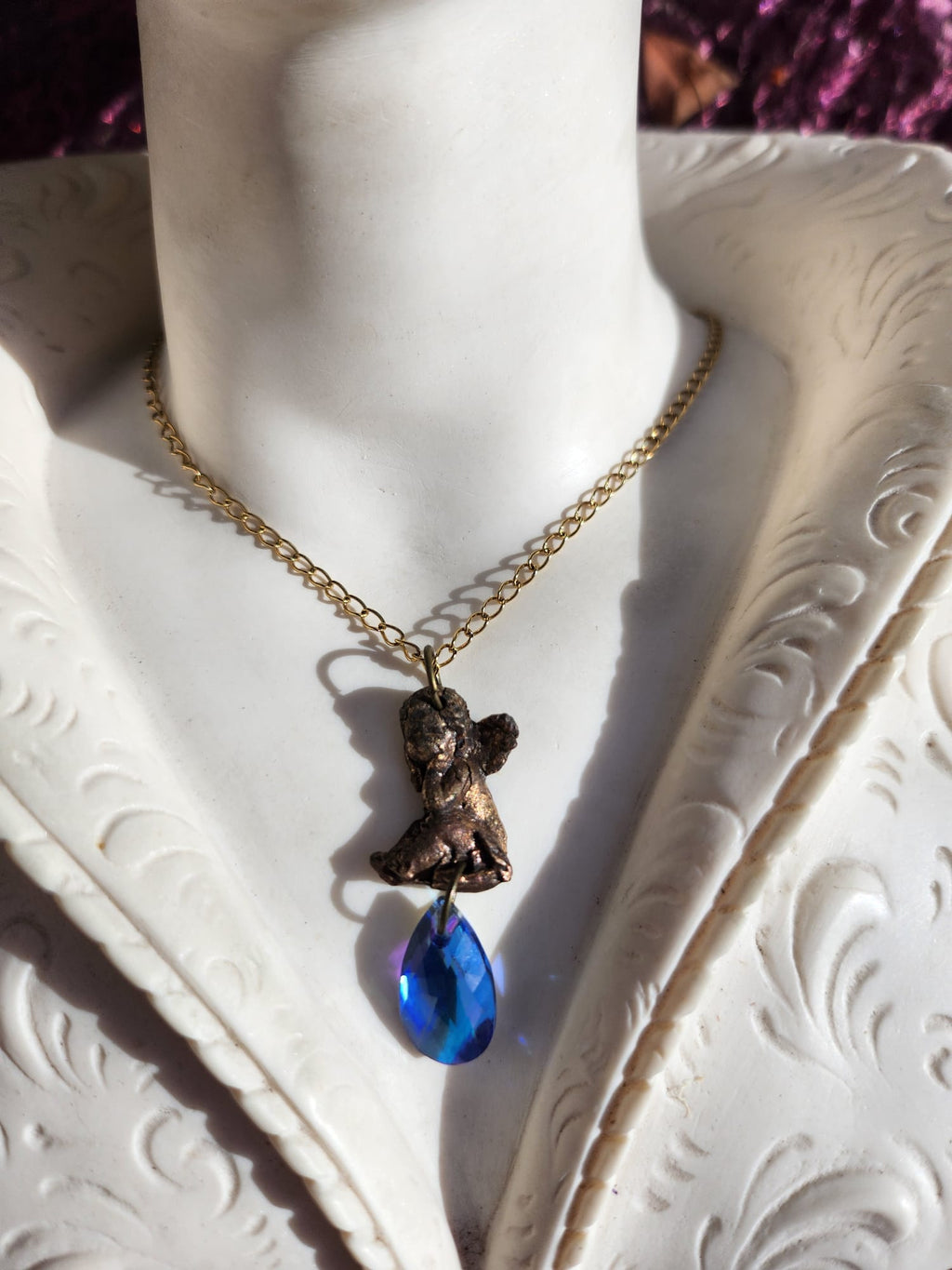 Echoes of Heaven Collection - Handmade Bronze Angel Pendant with Blue Crystal