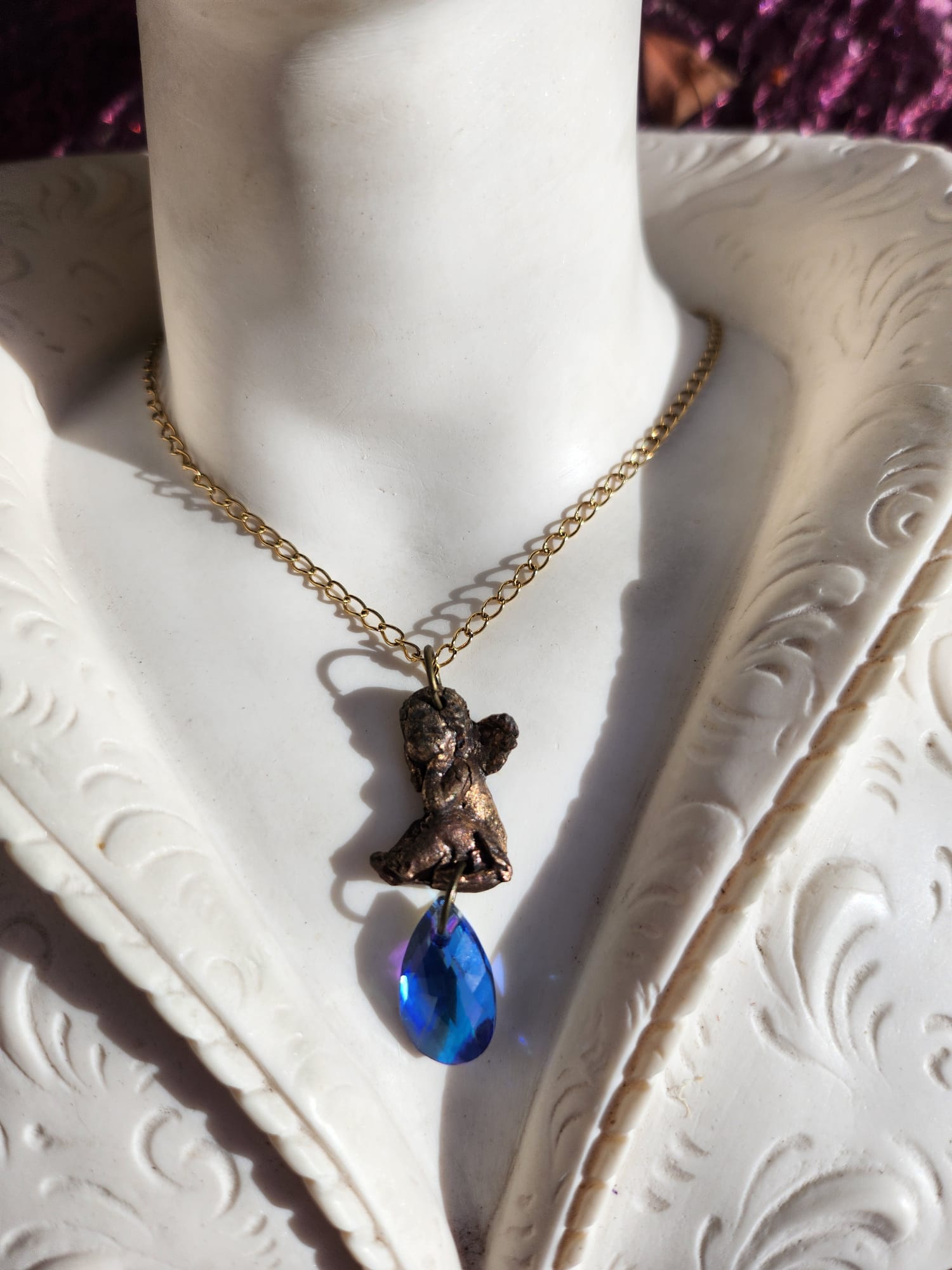 Echoes of Heaven Collection - Handmade Bronze Angel Pendant with Blue Crystal