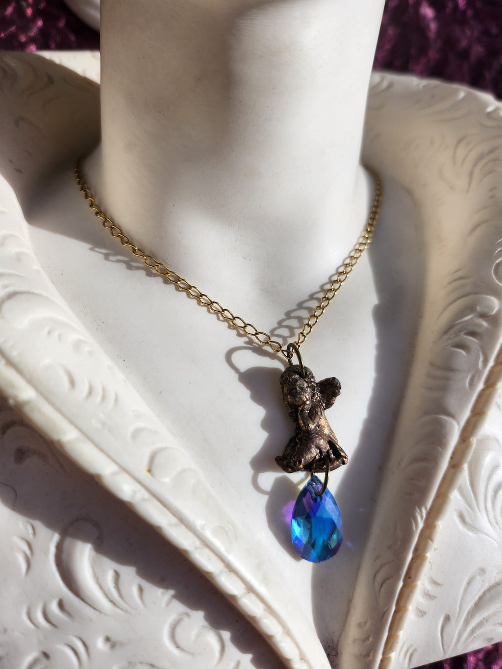 Echoes of Heaven Collection - Handmade Bronze Angel Pendant with Blue Crystal