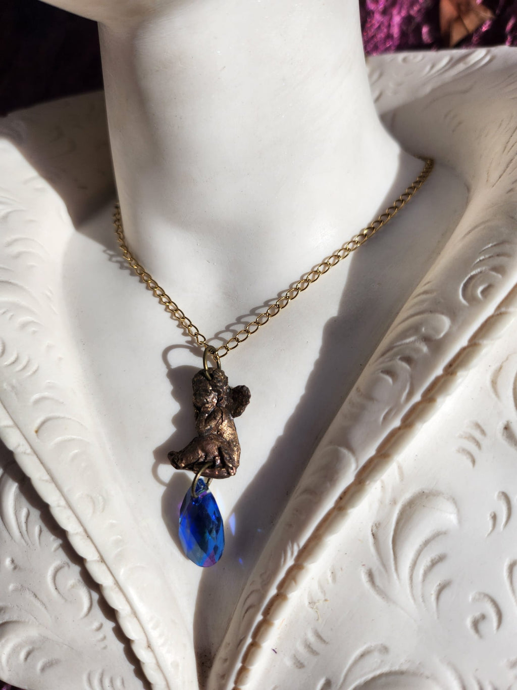 Echoes of Heaven Collection - Handmade Bronze Angel Pendant with Blue Crystal