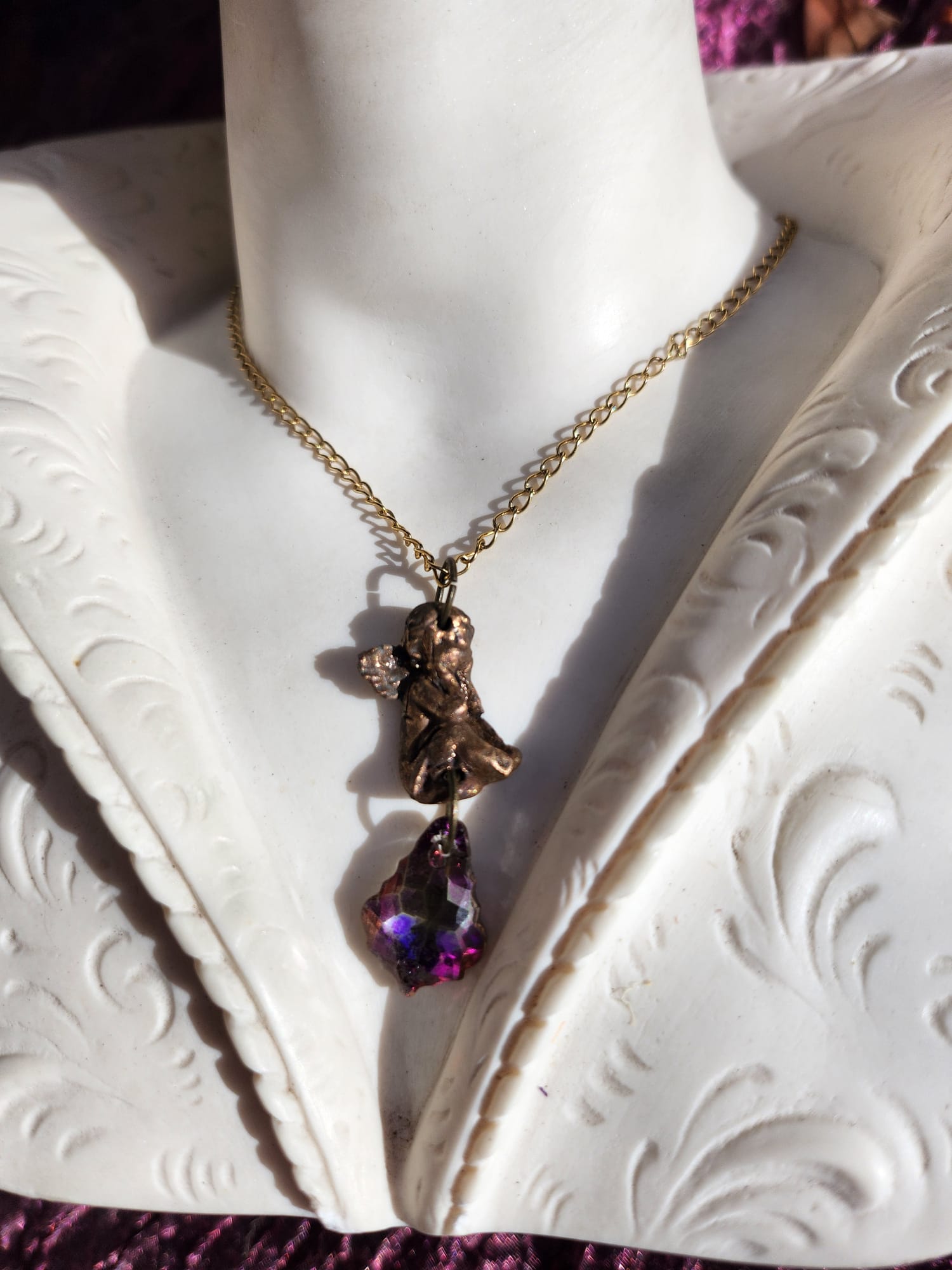 Echoes of Heaven Collection - Handmade Bronze Angel Pendant with Fuchsia Crystal