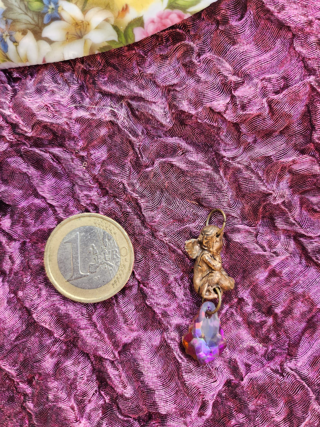 Echoes of Heaven Collection - Handmade Bronze Angel Pendant with Fuchsia Crystal