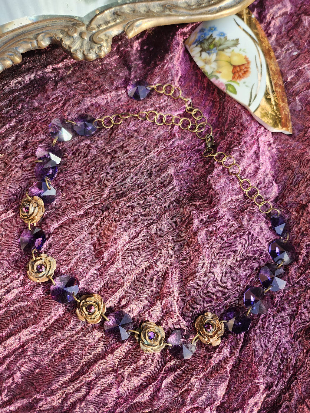 Rosarium Collection Collection - Handmade Bronze Necklace with Purple Crystals & Floral Accents