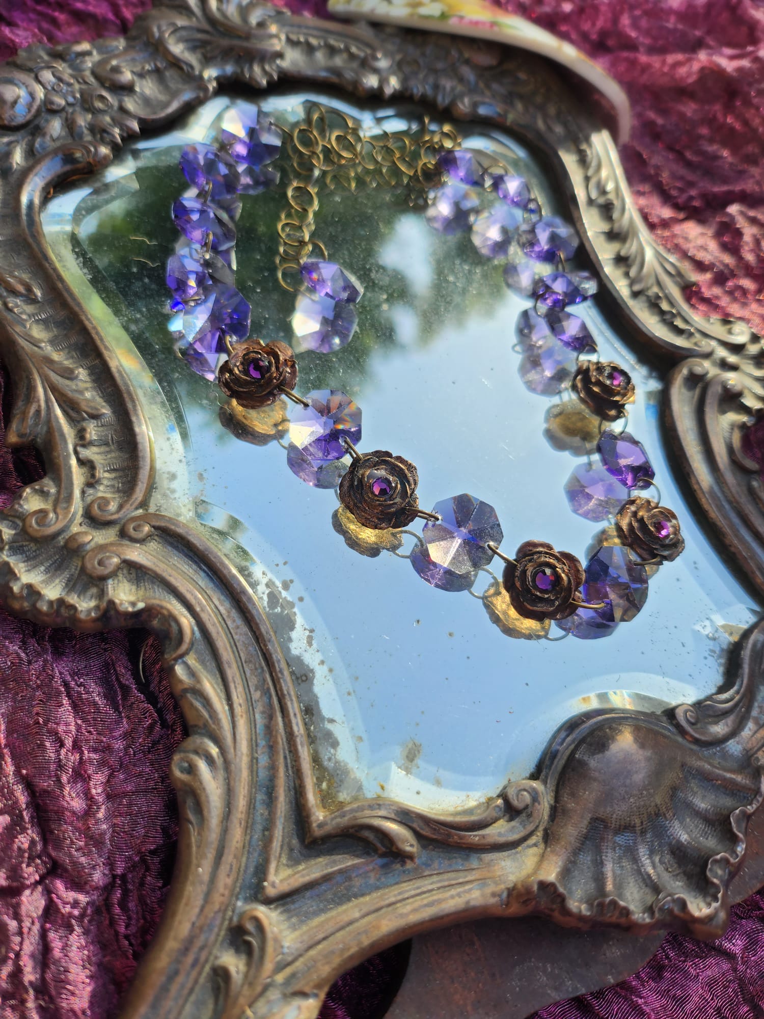 Rosarium Collection Collection - Handmade Bronze Necklace with Purple Crystals & Floral Accents
