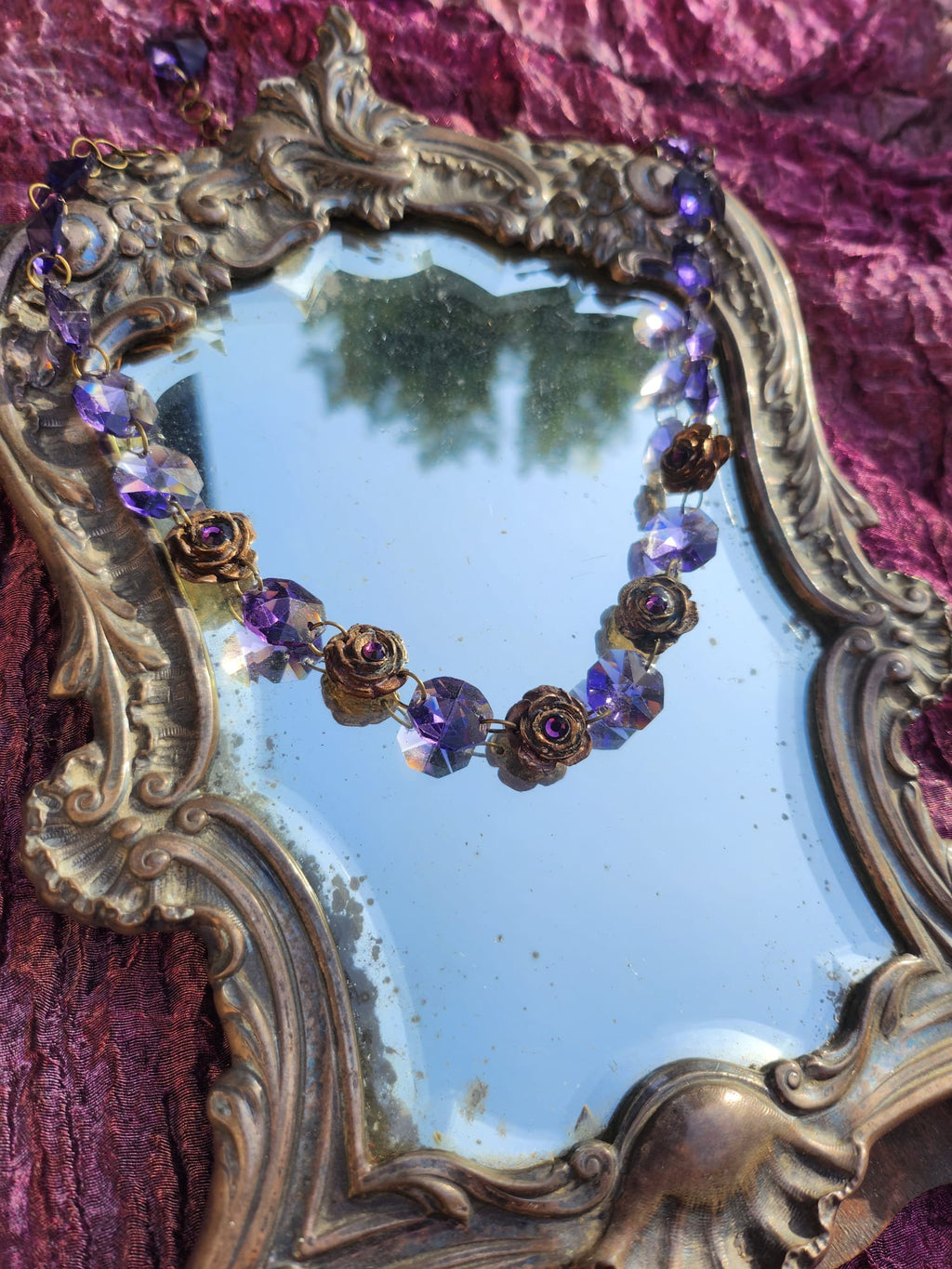 Rosarium Collection Collection - Handmade Bronze Necklace with Purple Crystals & Floral Accents