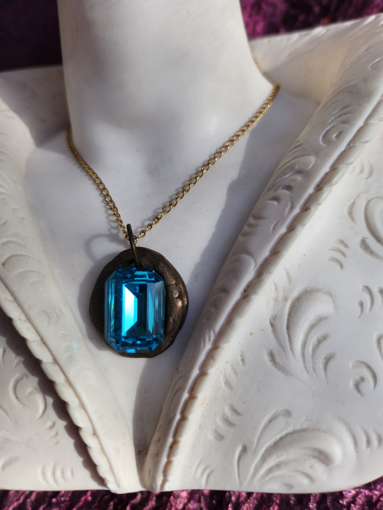 Handmade Bronze Pendant with Blue Crystal