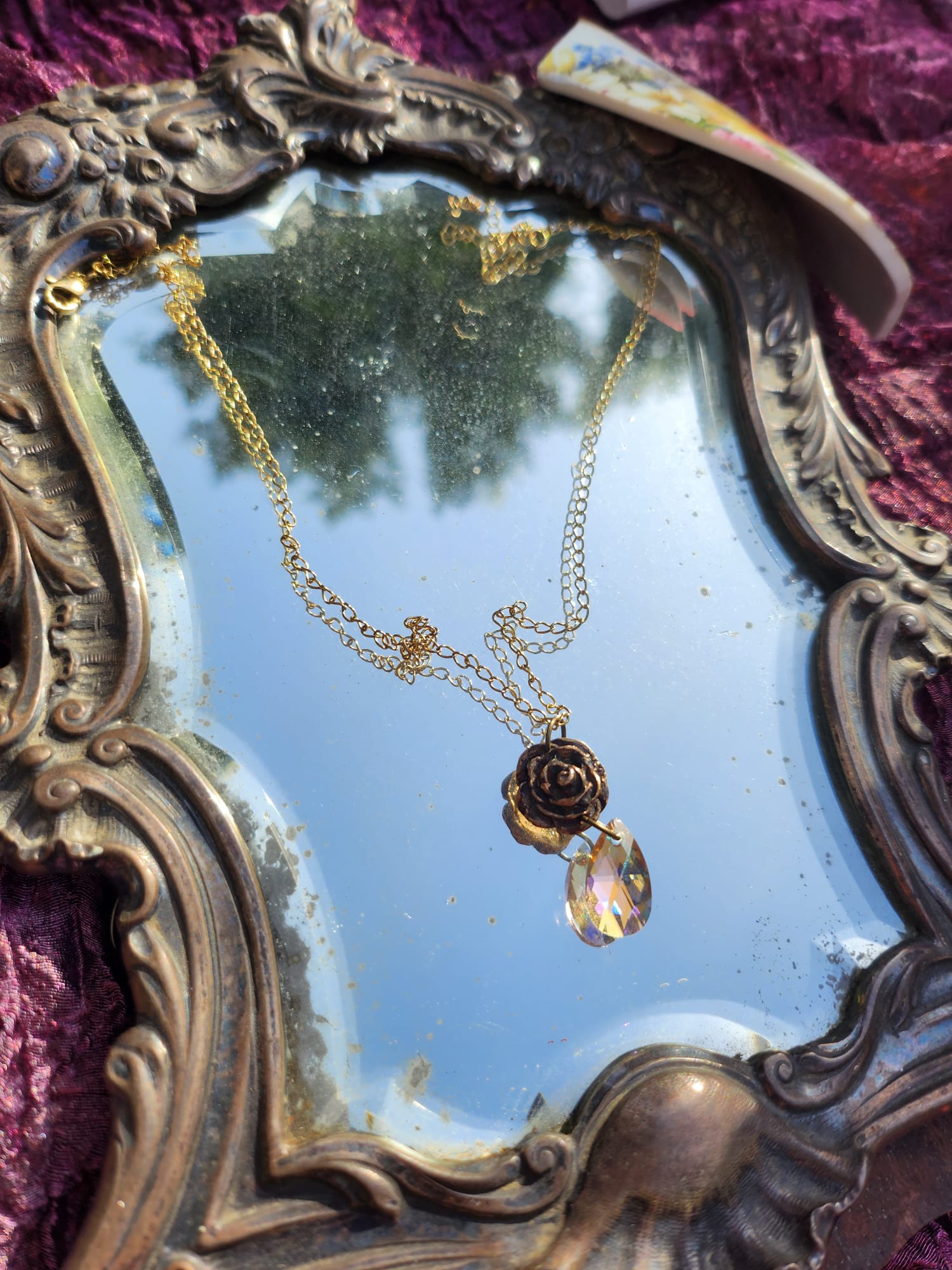 Rosarium Collection Collection - Handmade Bronze Rose Pendant with Salmon Crystal