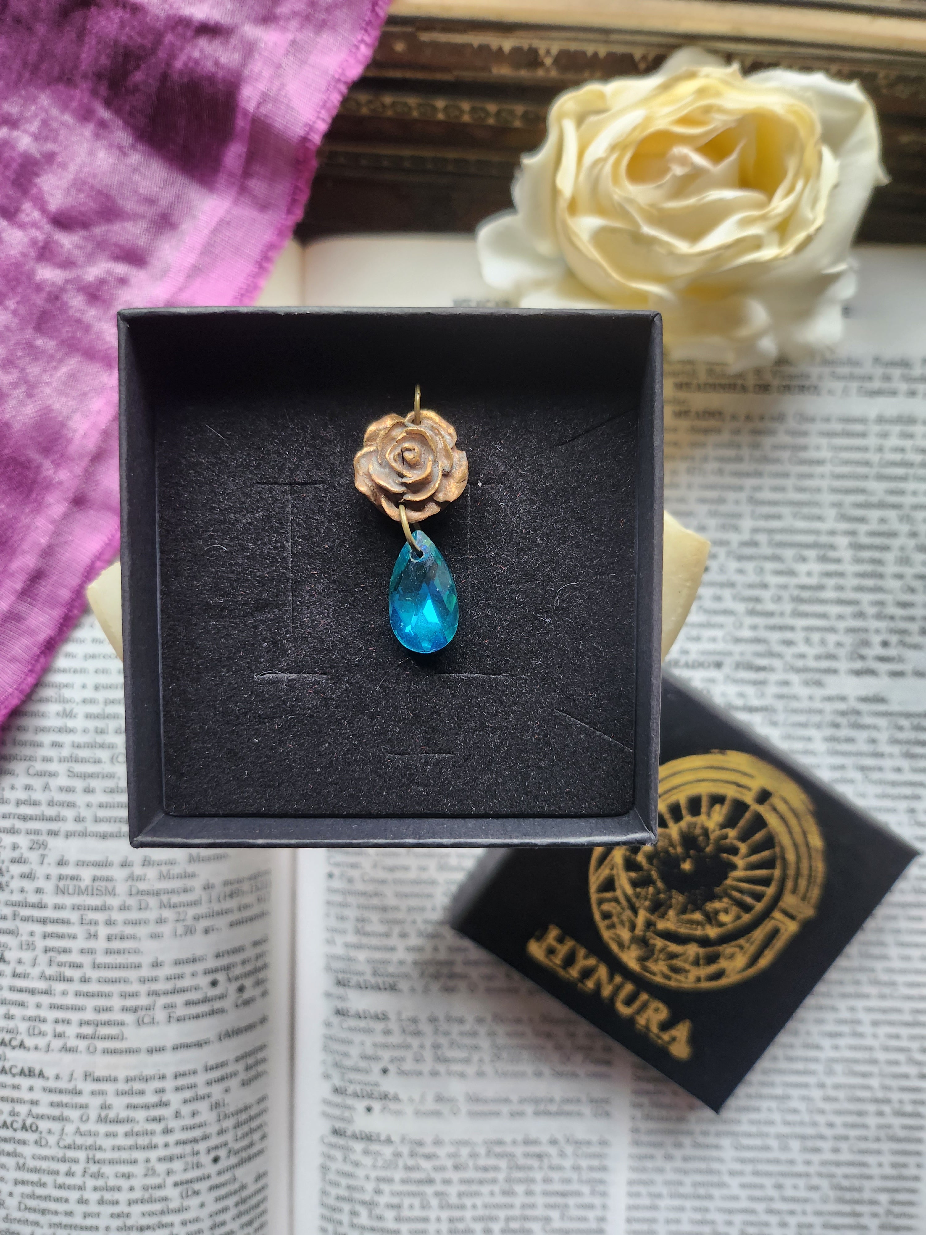 Rosarium Collection - Handmade Bronze Rose Pendant Emerald Blue Crystal