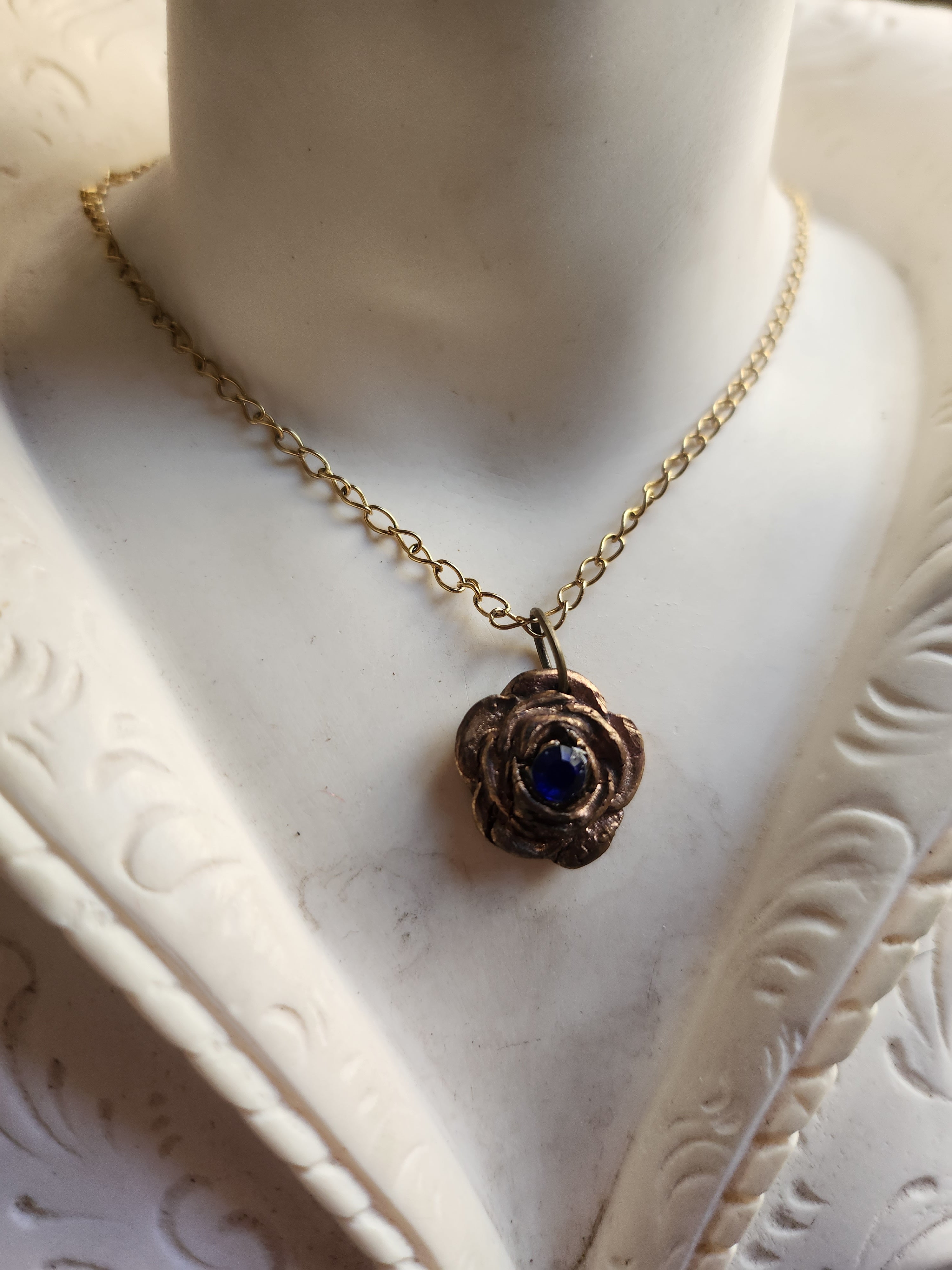 Rosarium Collection - Handmade Bronze Rose Pendant with Royal Blue Crystal