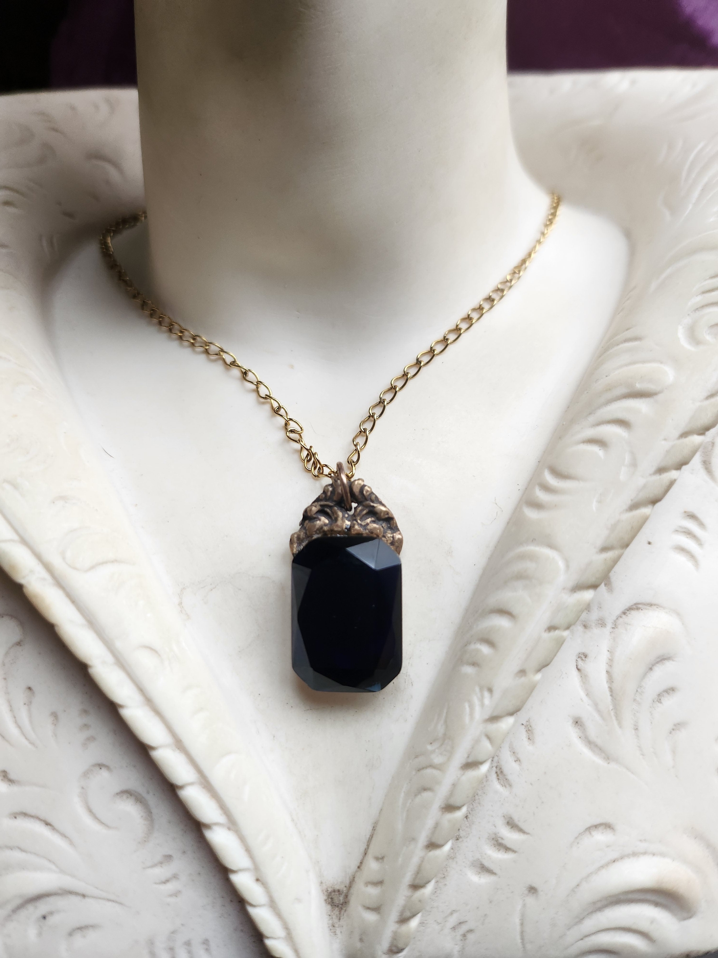 Arcane Resonance Collection - Handmade Bronze Pendant with Midnight Blue Octagon Crystal