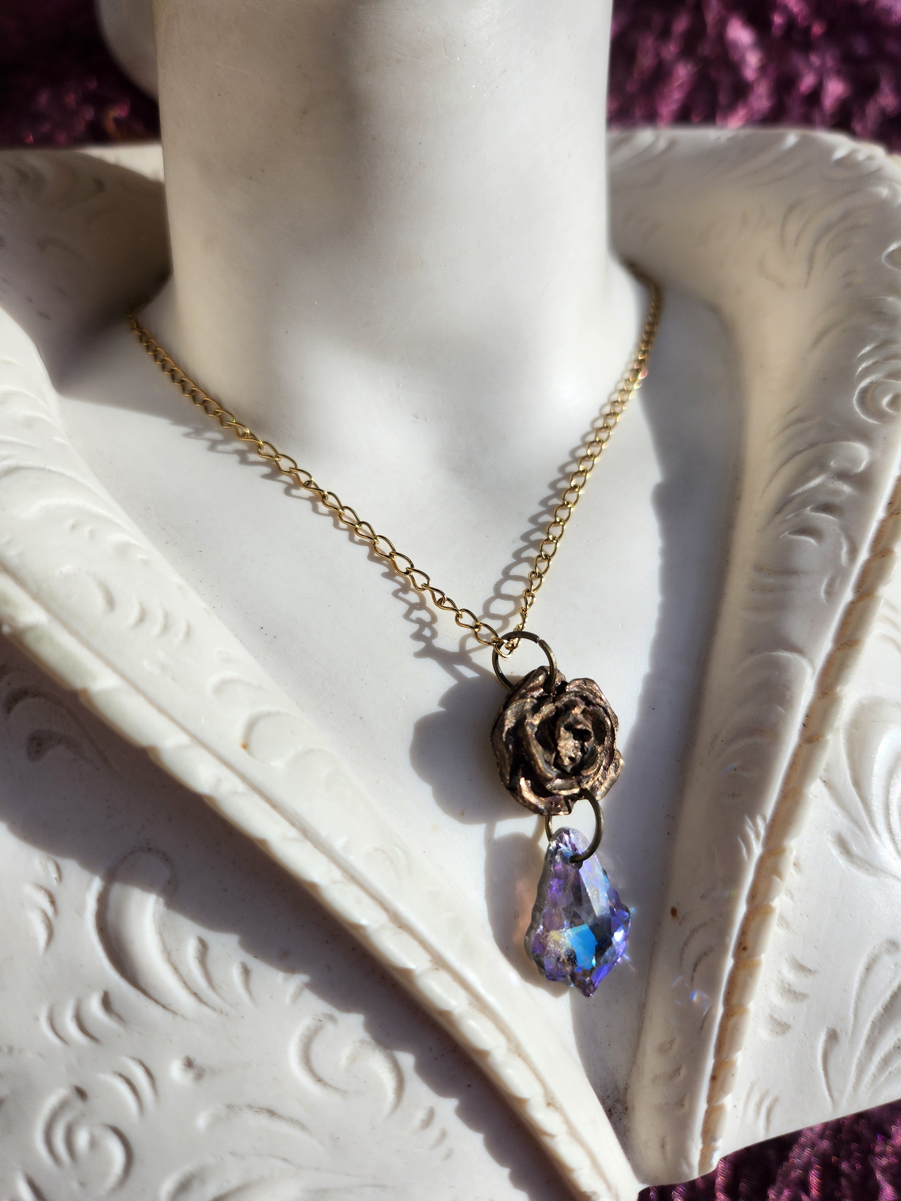 Rosarium Collection Collection - Handmade Bronze Rose Pendant with Lilac Crystal