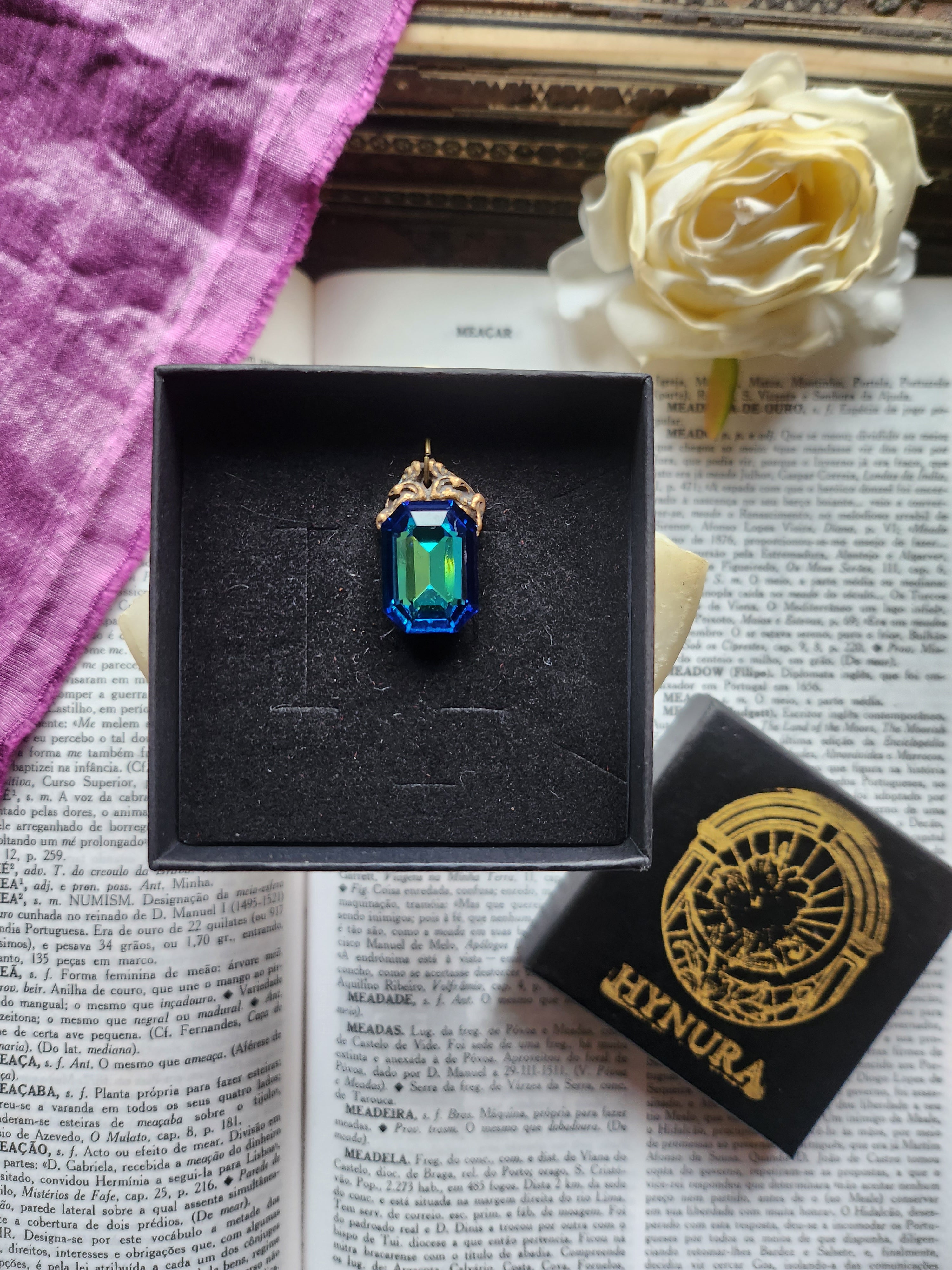 Arcane Resonance Collection – Handmade Bronze Pendant with Blue and Green Octagon Crystal