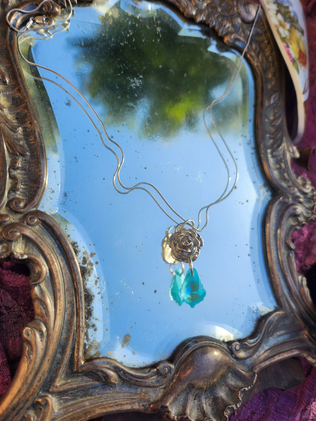 Rosarium Collection Collection - Handmade 999 Silver Rose Pendant with Aquamarine Blue Crystal