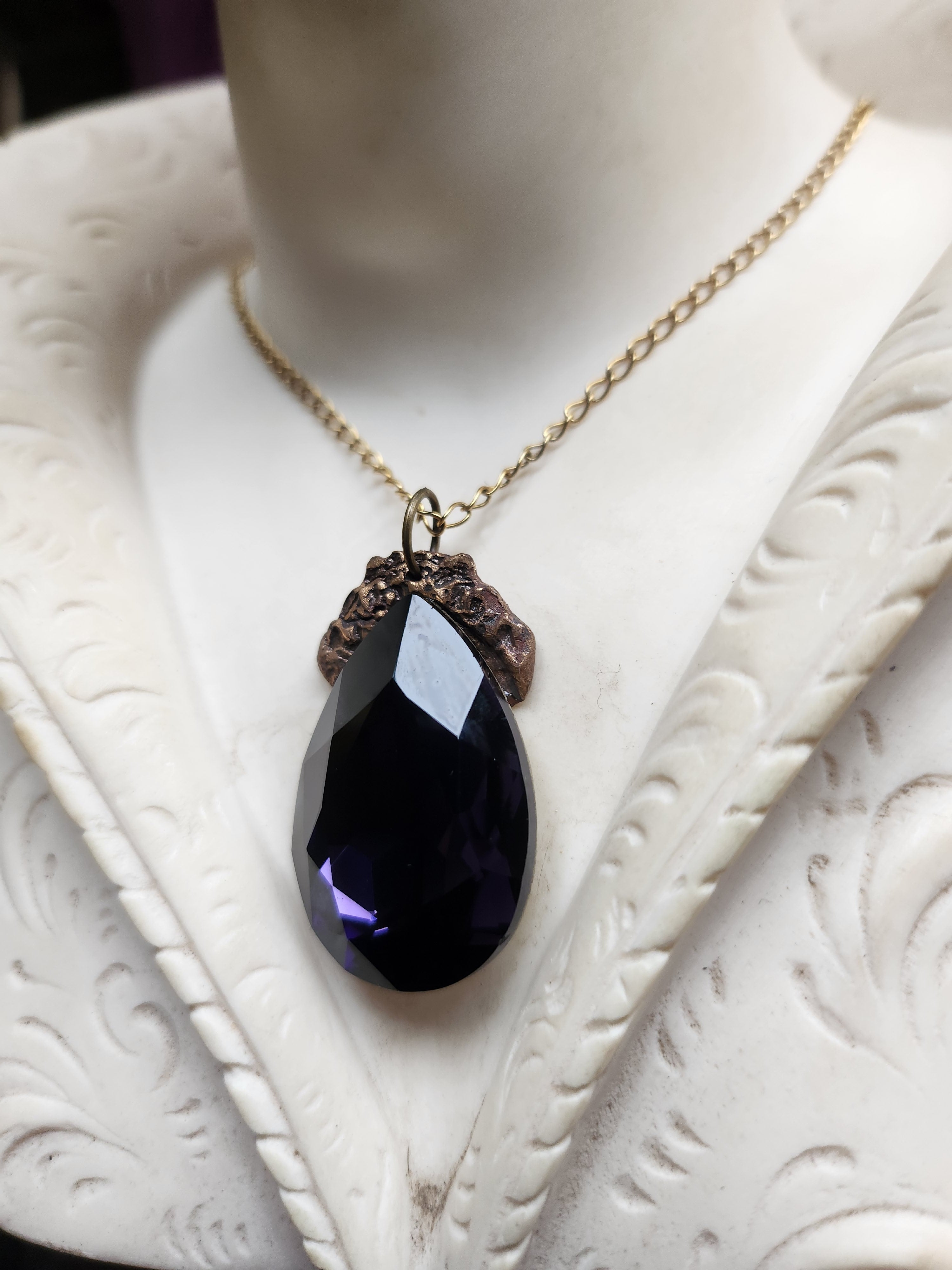 Mystic Baroque Collection - Handmade Bronze Pendant with Purple Teardrop Crystal