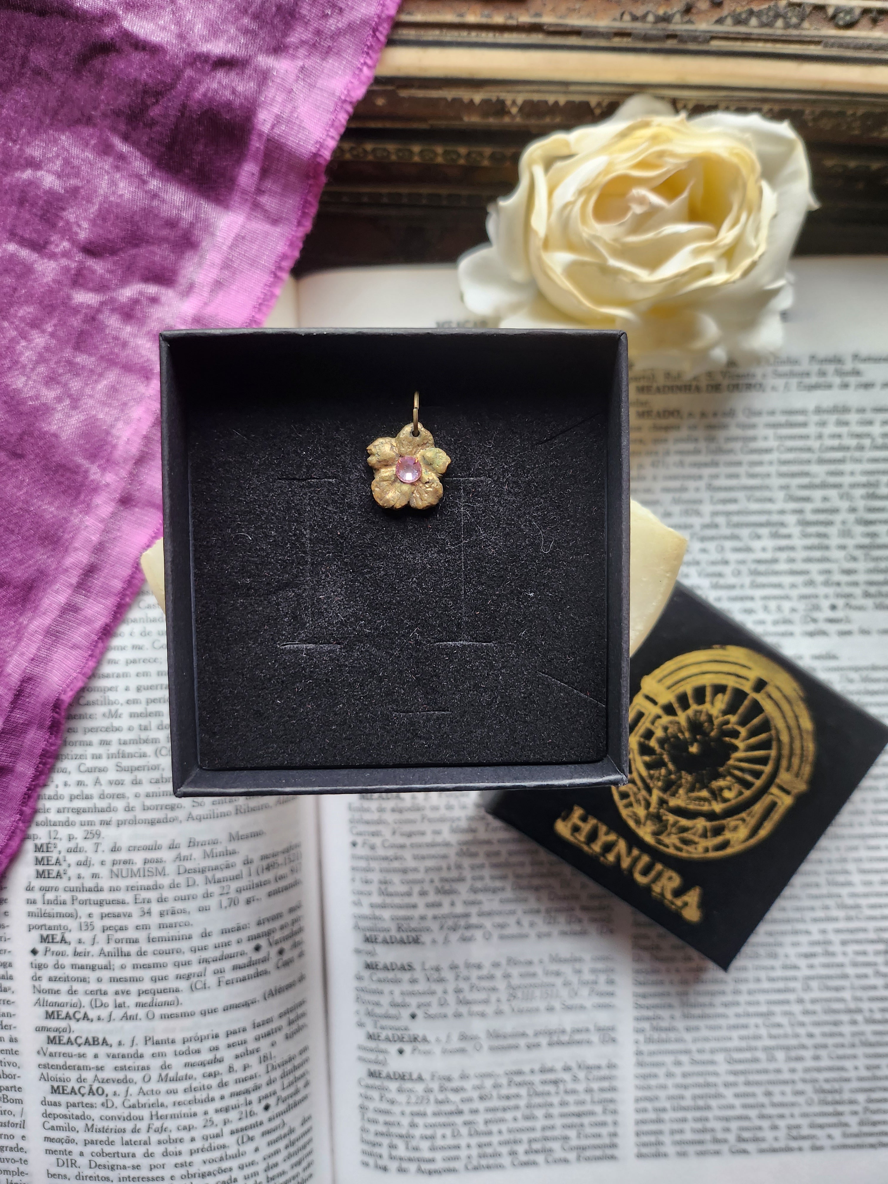 Eternal Bloom Collection – Handmade Bronze Flower Pendant with Light Pink Crystal