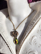 Rosarium Collection Collection - Handmade Bronze Rose Pendant with Green and Pink Crystal