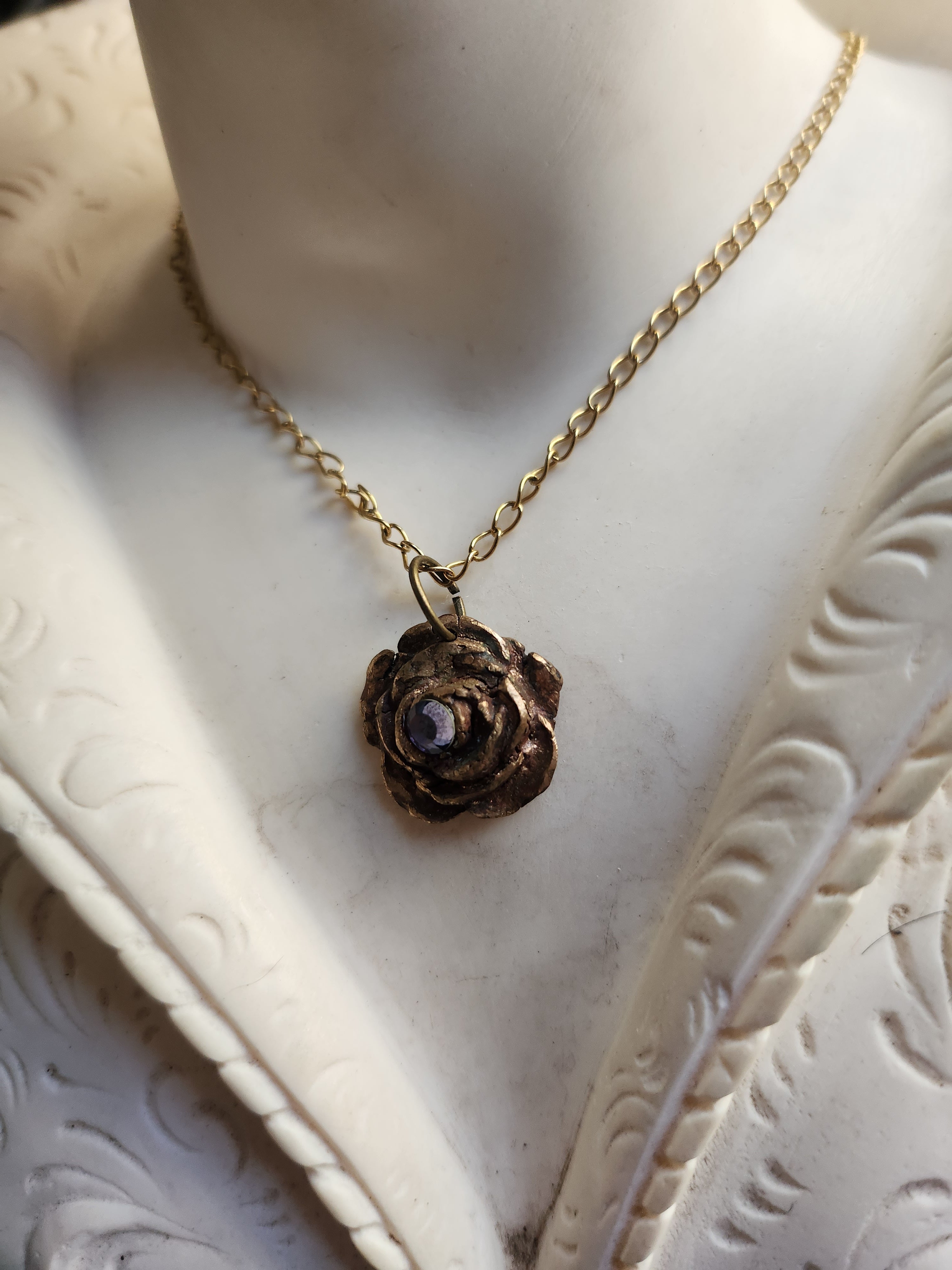 Rosarium Collection- Handmade Bronze Rose Pendant with Tanzanite Crystal