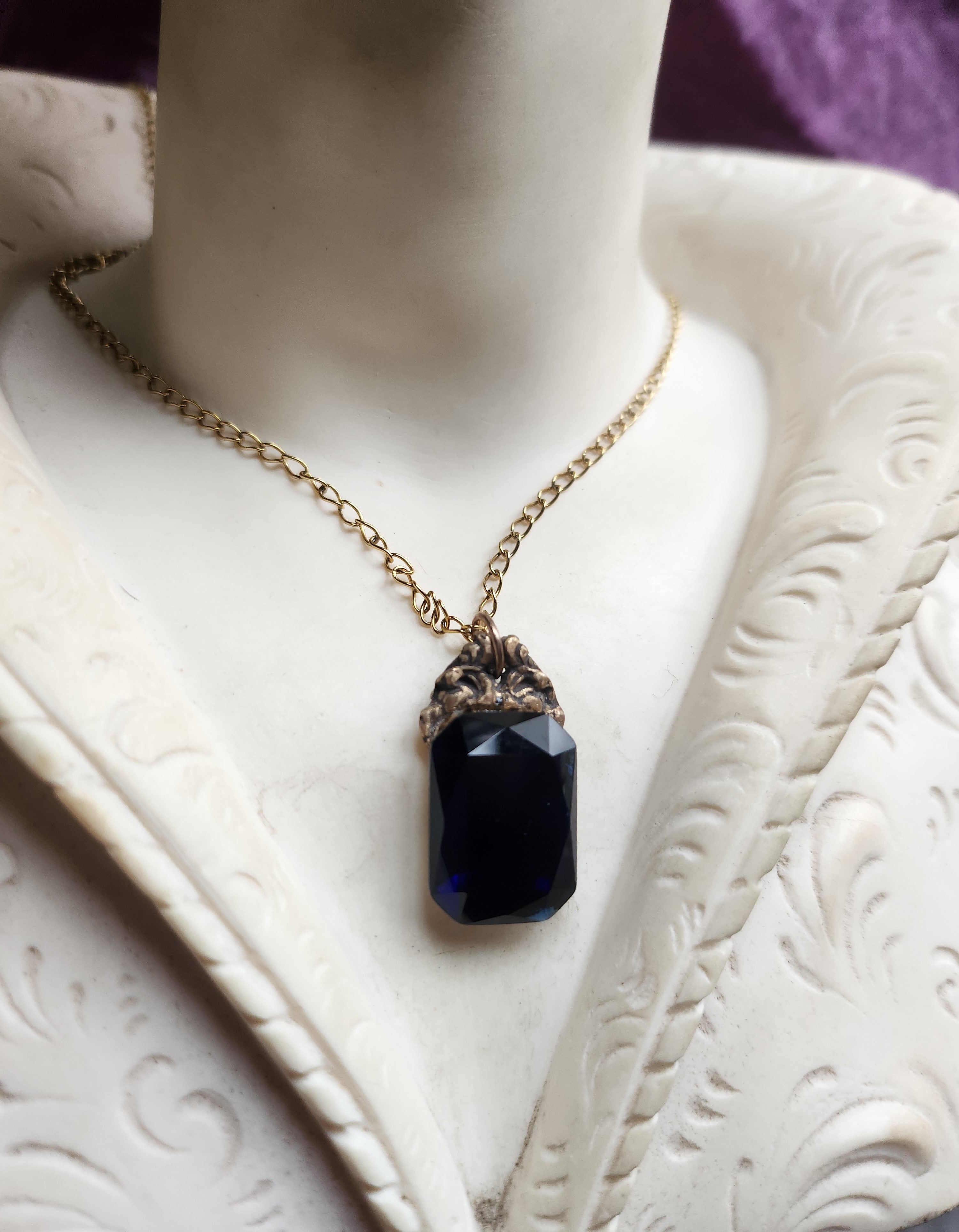 Arcane Resonance Collection - Handmade Bronze Pendant with Midnight Blue Octagon Crystal