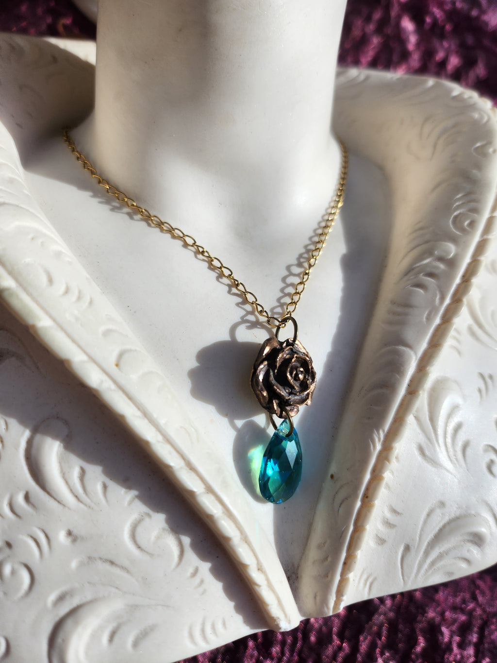 Rosarium Collection Collection - Handmade Bronze Rose Pendant Emerald Blue Crystal
