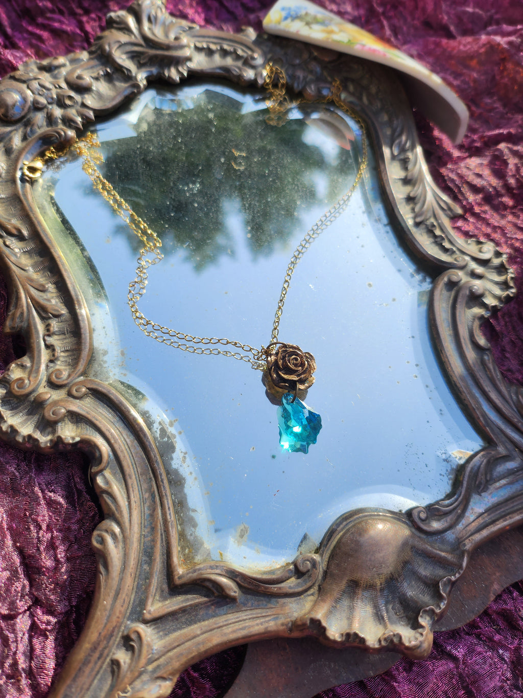 Rosarium Collection Collection - Handmade Bronze Rose Pendant with Light Blue Crystal