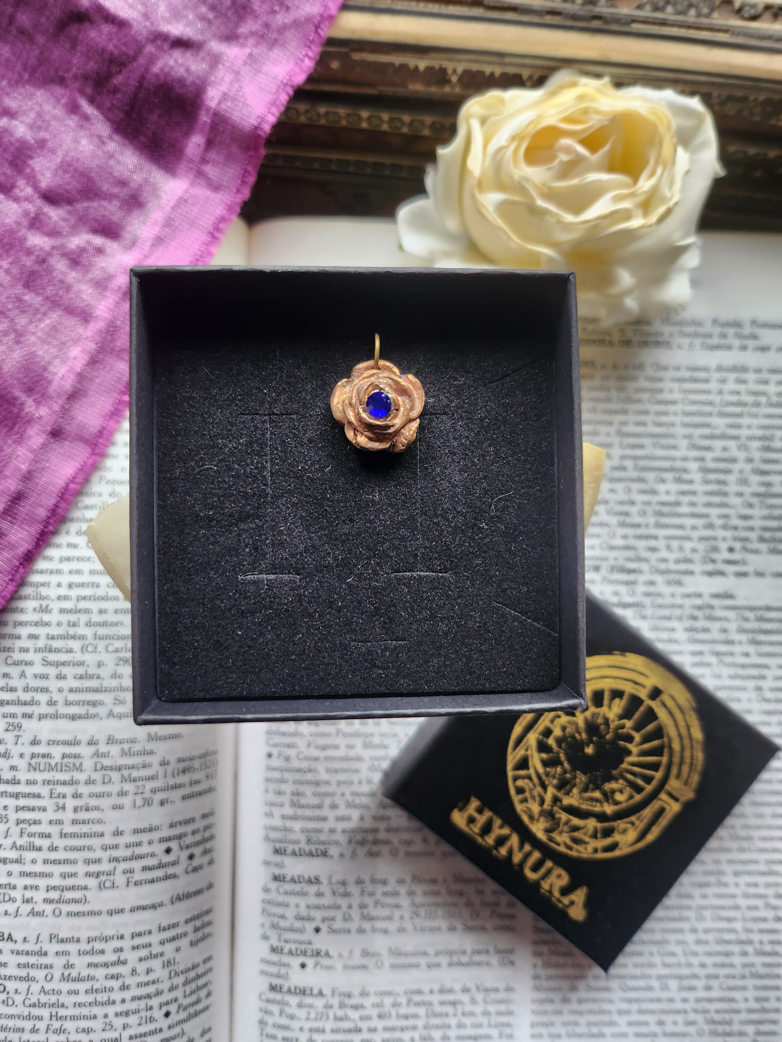 Rosarium Collection - Handmade Bronze Rose Pendant with Royal Blue Crystal