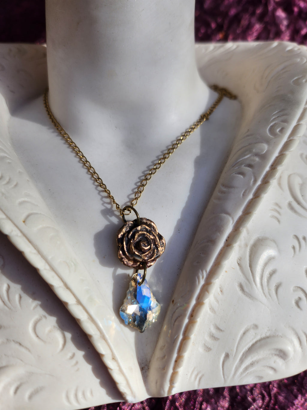 Rosarium Collection Collection - Handmade Bronze Rose Pendant with White Crystal