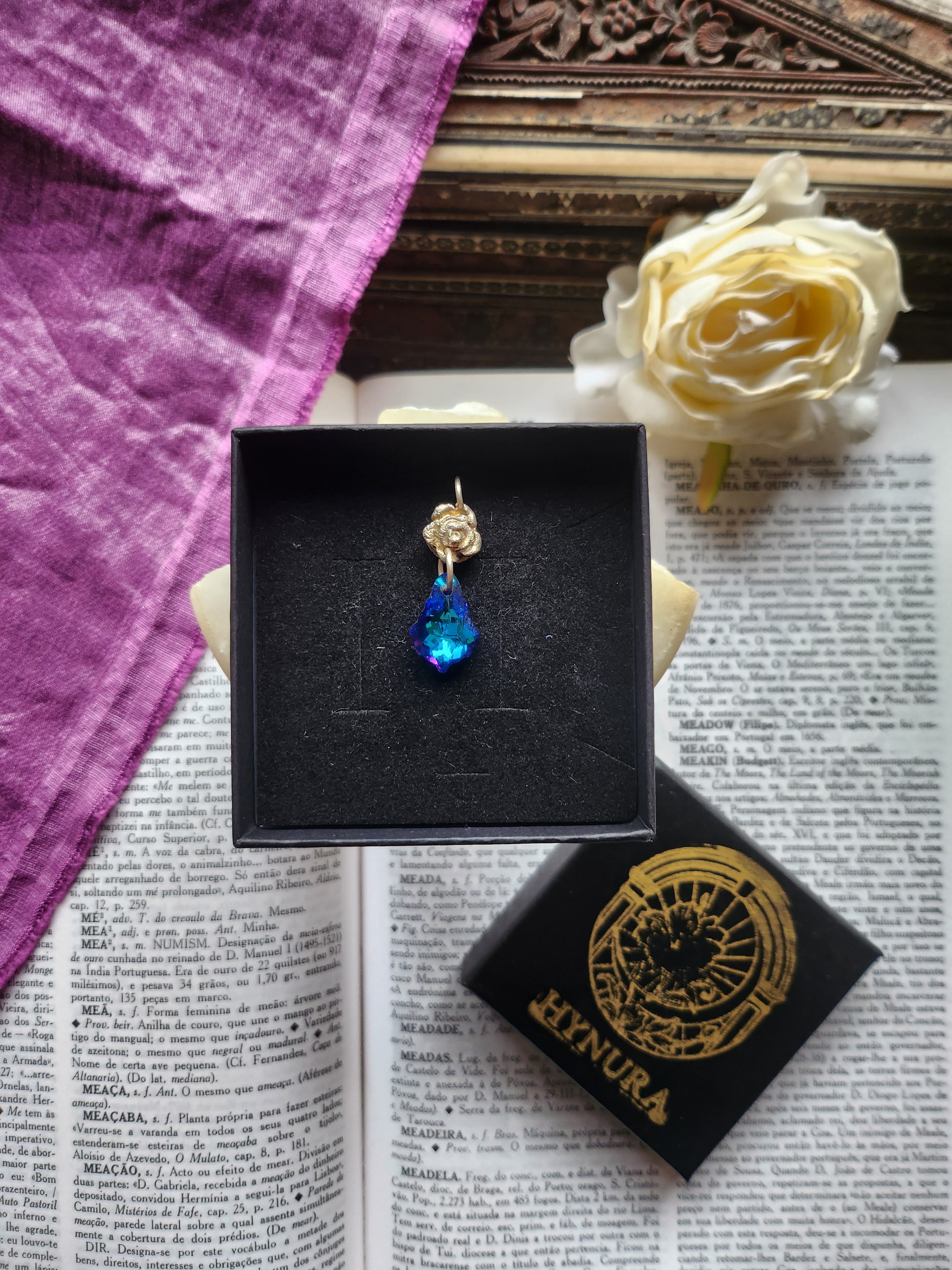 Rosarium Collection - Handmade 999 Silver Rose Pendant with Deep Saphire Blue Crystal