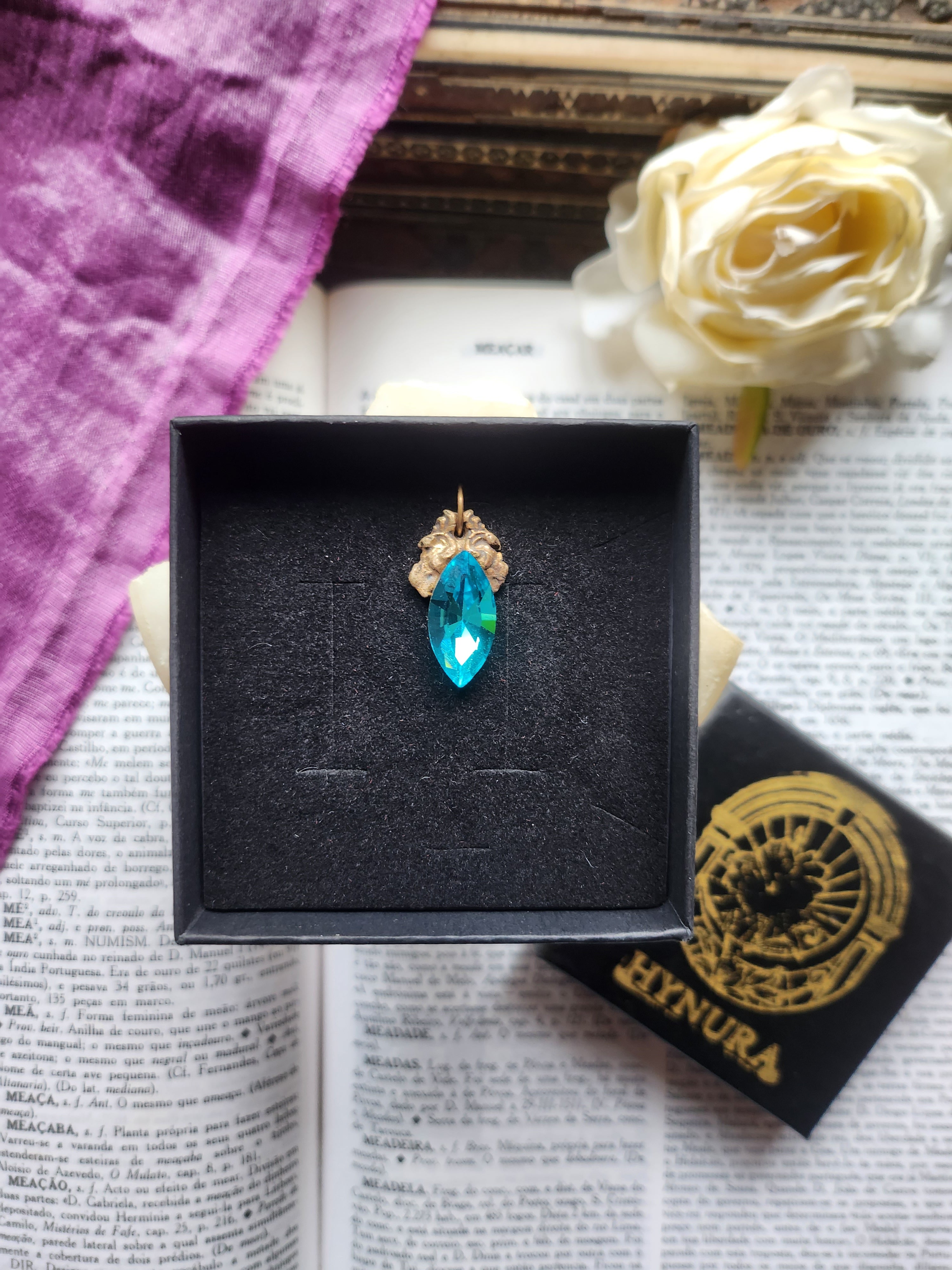 Arcane Resonance Collection – Handmade Bronze Pendant with Electric Blue Navette Crystal