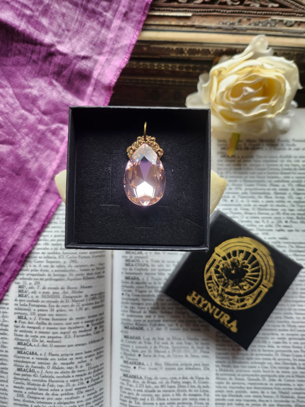Mystic Baroque Collection – Handmade Bronze Pendant with Light Pink Teardrop Crystal