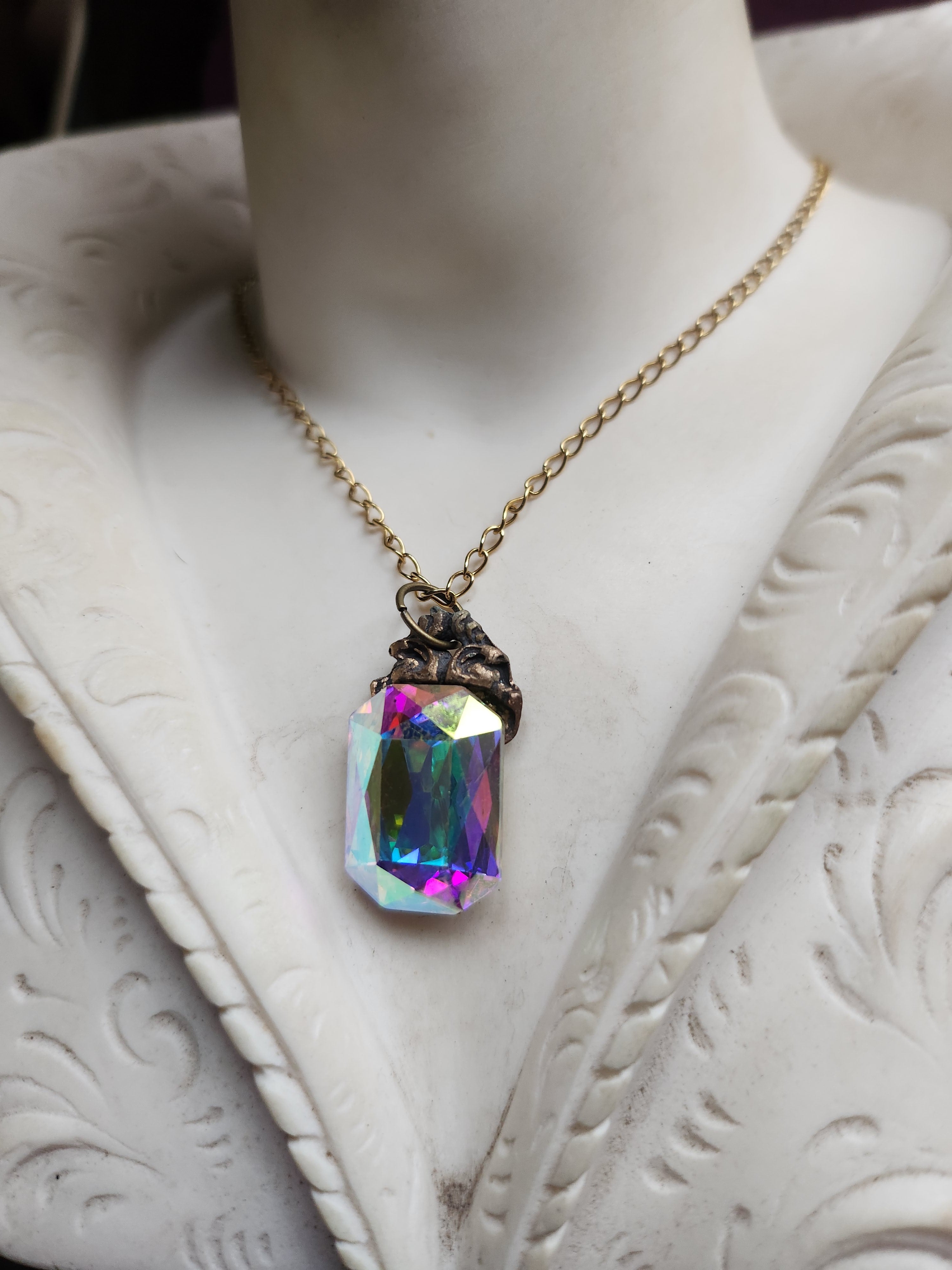 Arcane Resonance Collection - Handmade Bronze Pendant with Iridescent Octagon Crystal