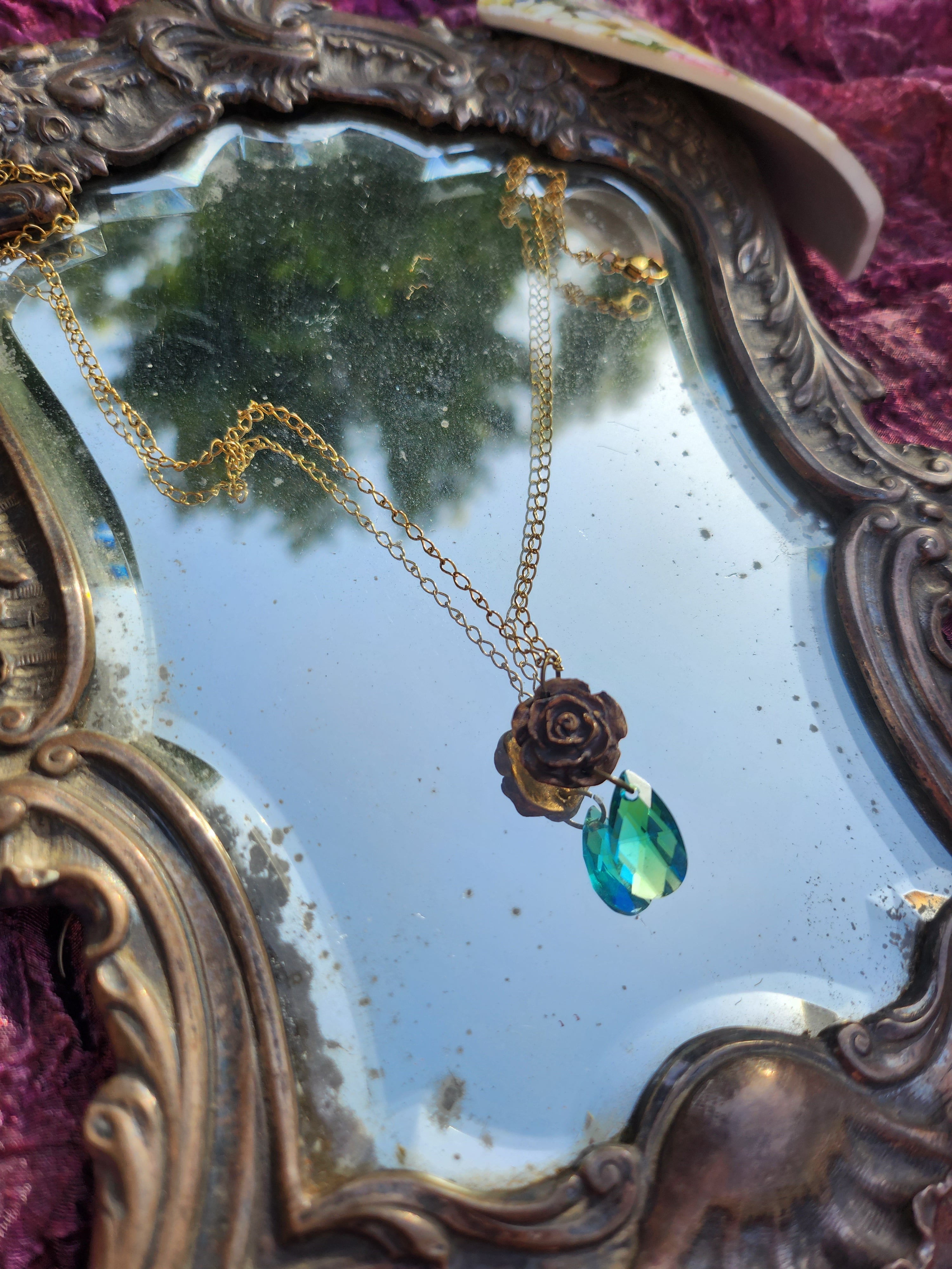 Rosarium Collection Collection - Handmade Bronze Rose Pendant Emerald Blue Crystal