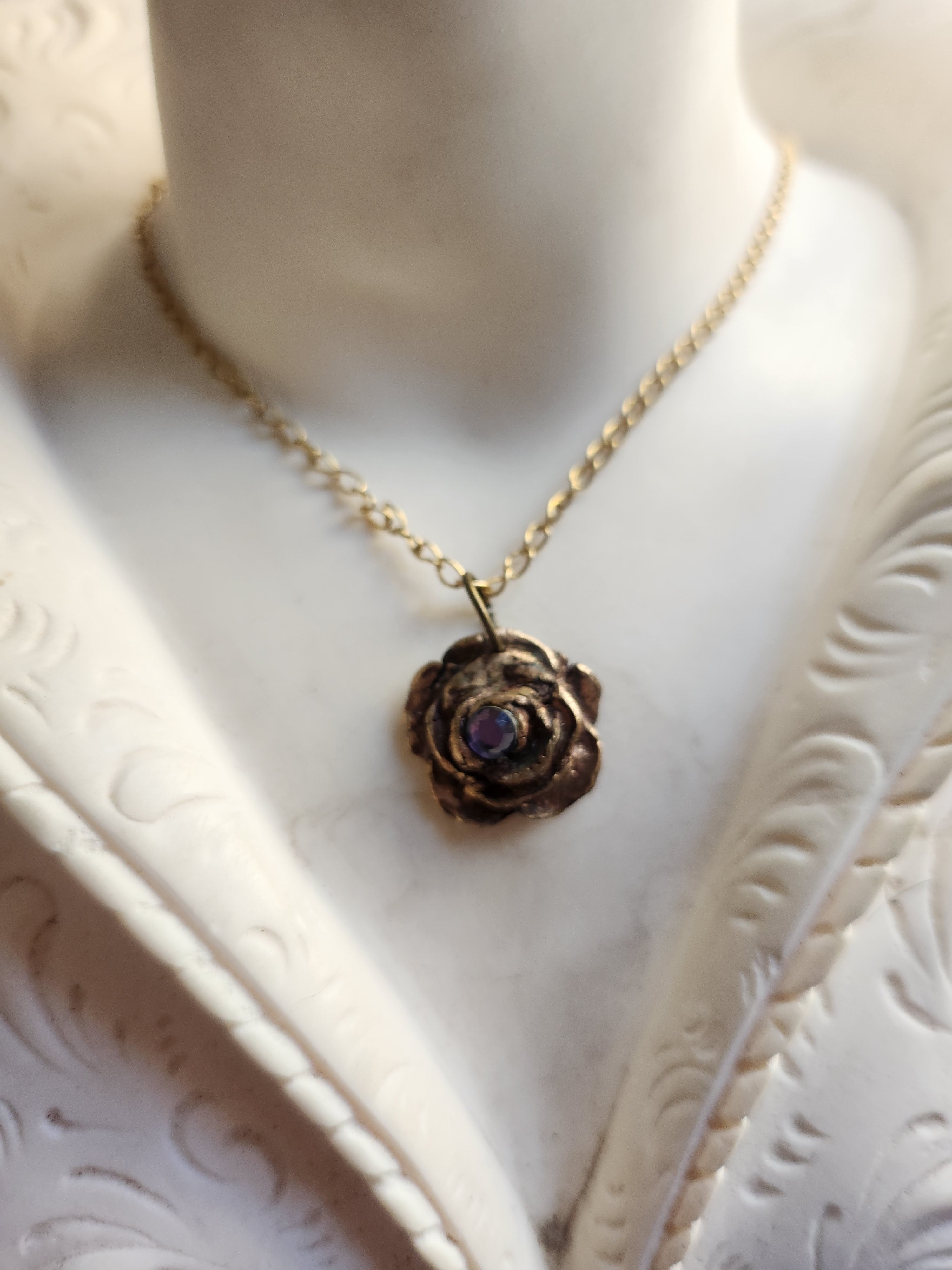 Rosarium Collection- Handmade Bronze Rose Pendant with Tanzanite Crystal