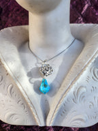 Rosarium Collection Collection - Handmade 999 Silver Rose Pendant with Aquamarine Blue Crystal