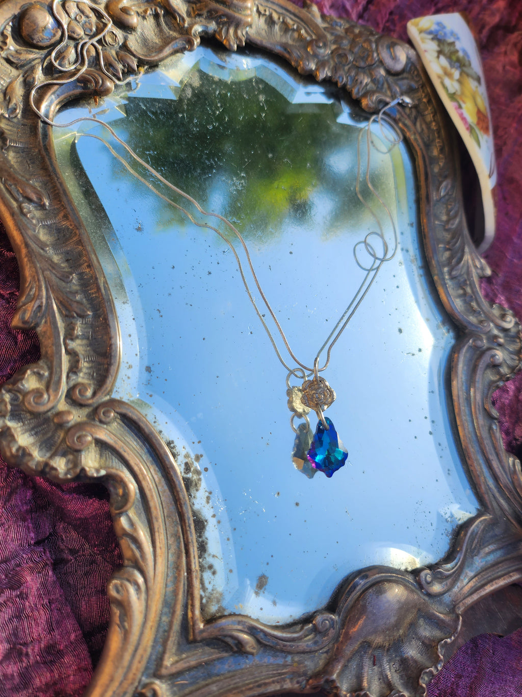 Rosarium Collection Collection - Handmade 999 Silver Rose Pendant with Deep Saphire Blue Crystal