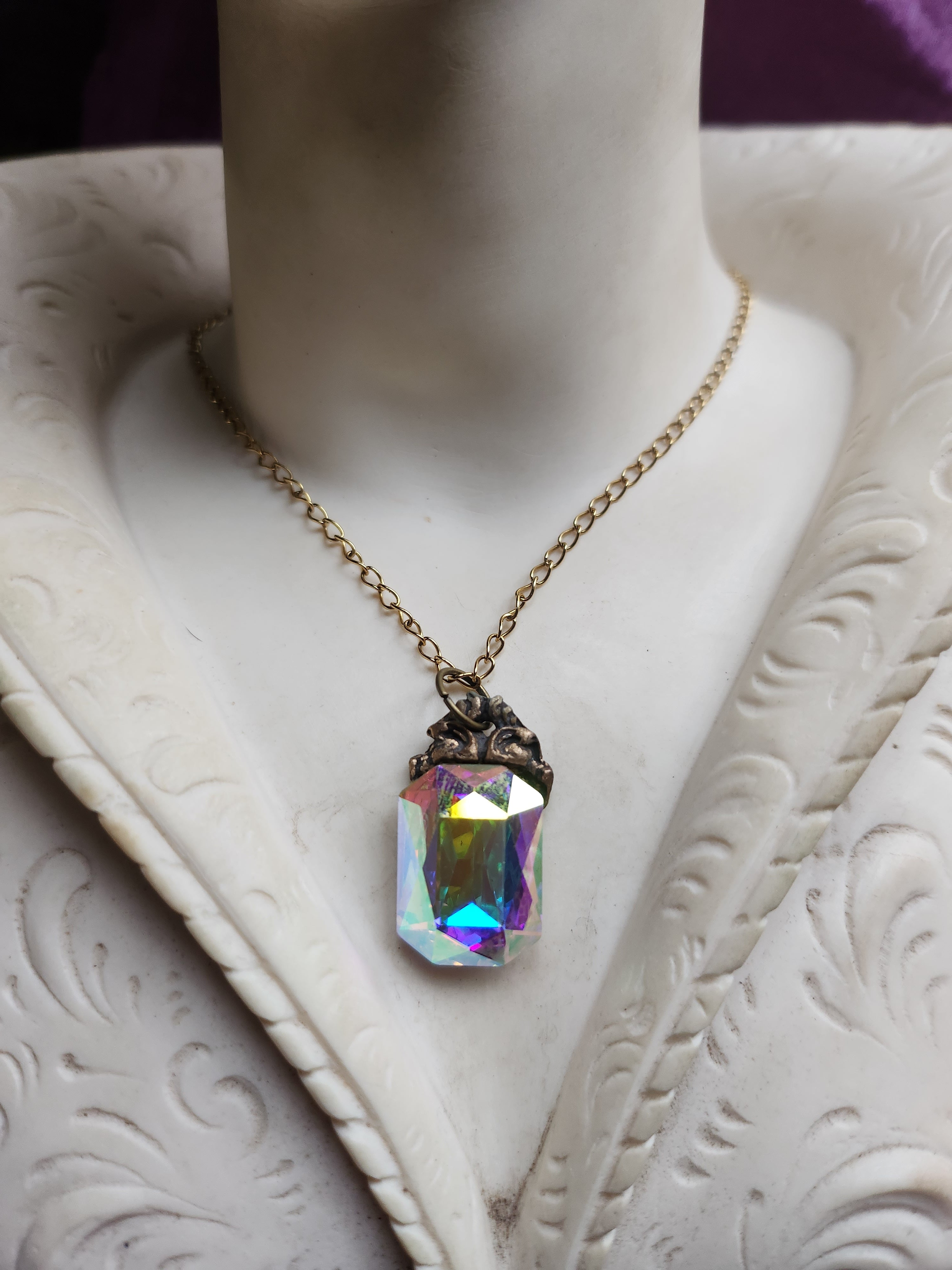 Arcane Resonance Collection - Handmade Bronze Pendant with Iridescent Octagon Crystal
