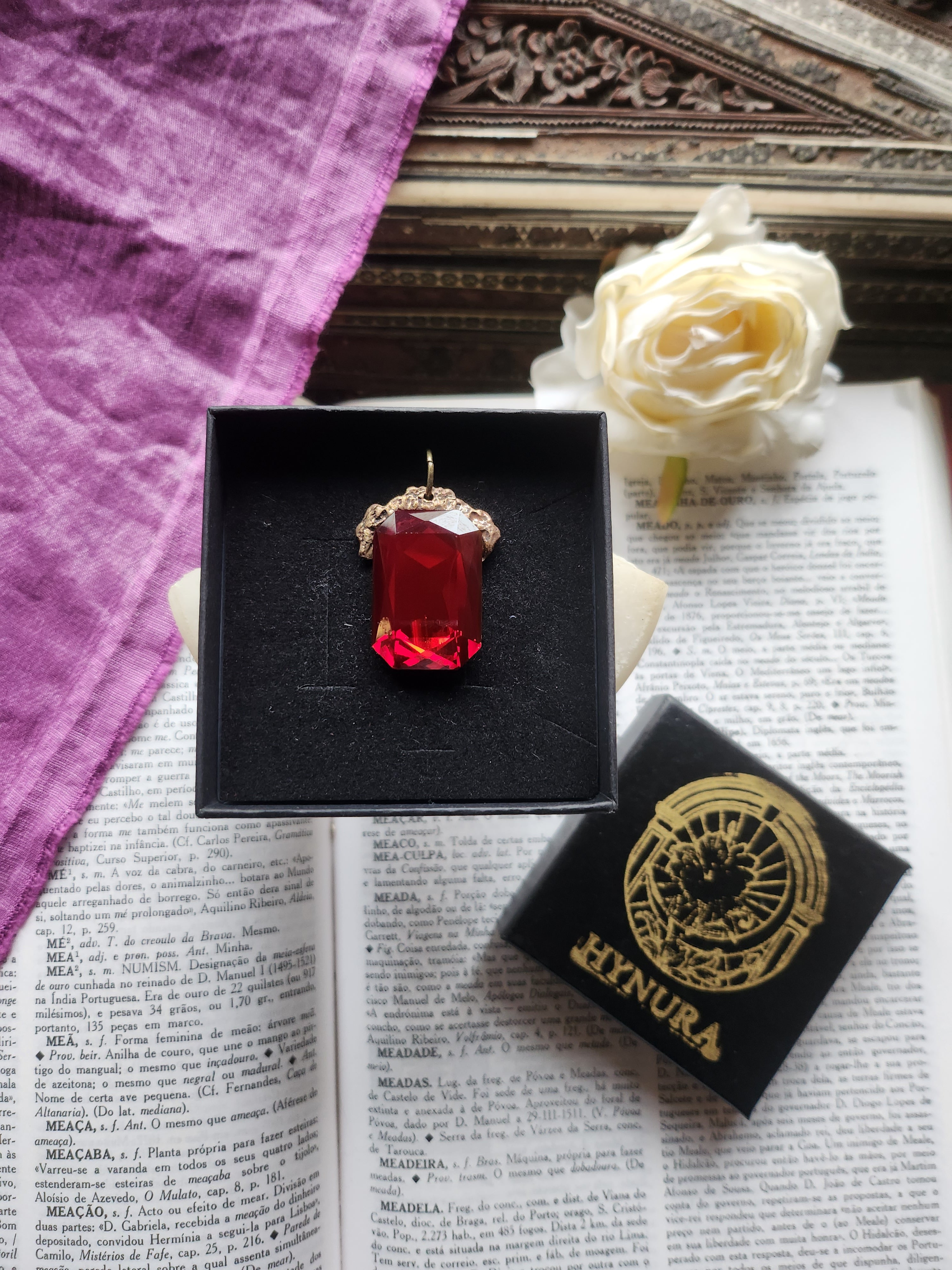 Mystic Baroque Collection – Handmade Bronze Pendant with Deep Red Octagon Crystal