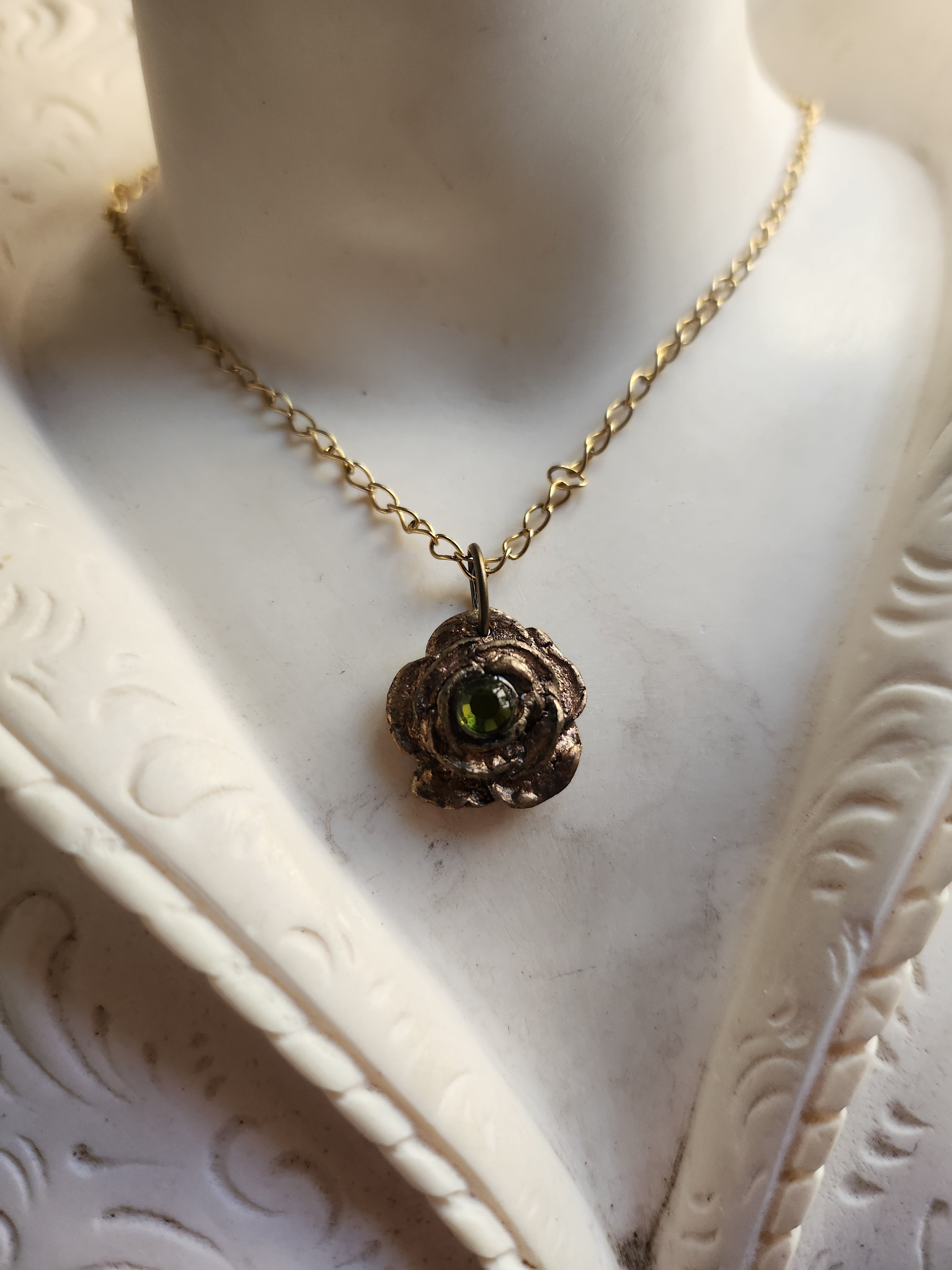 Rosarium Collection - Handmade Bronze Rose Pendant with Green Crystal