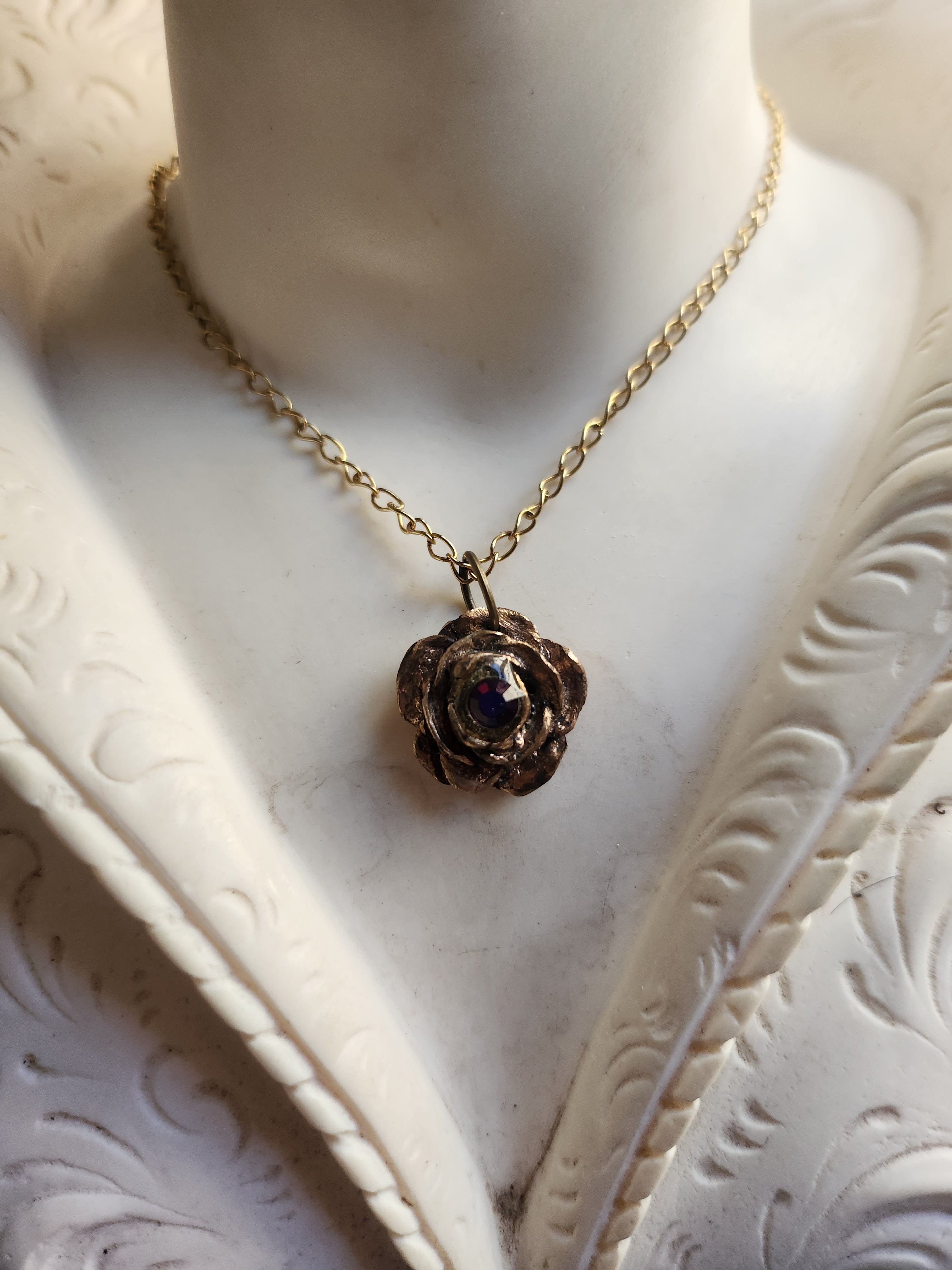 Rosarium Collection - Handmade Bronze Rose Pendant with Multicolor Crystal