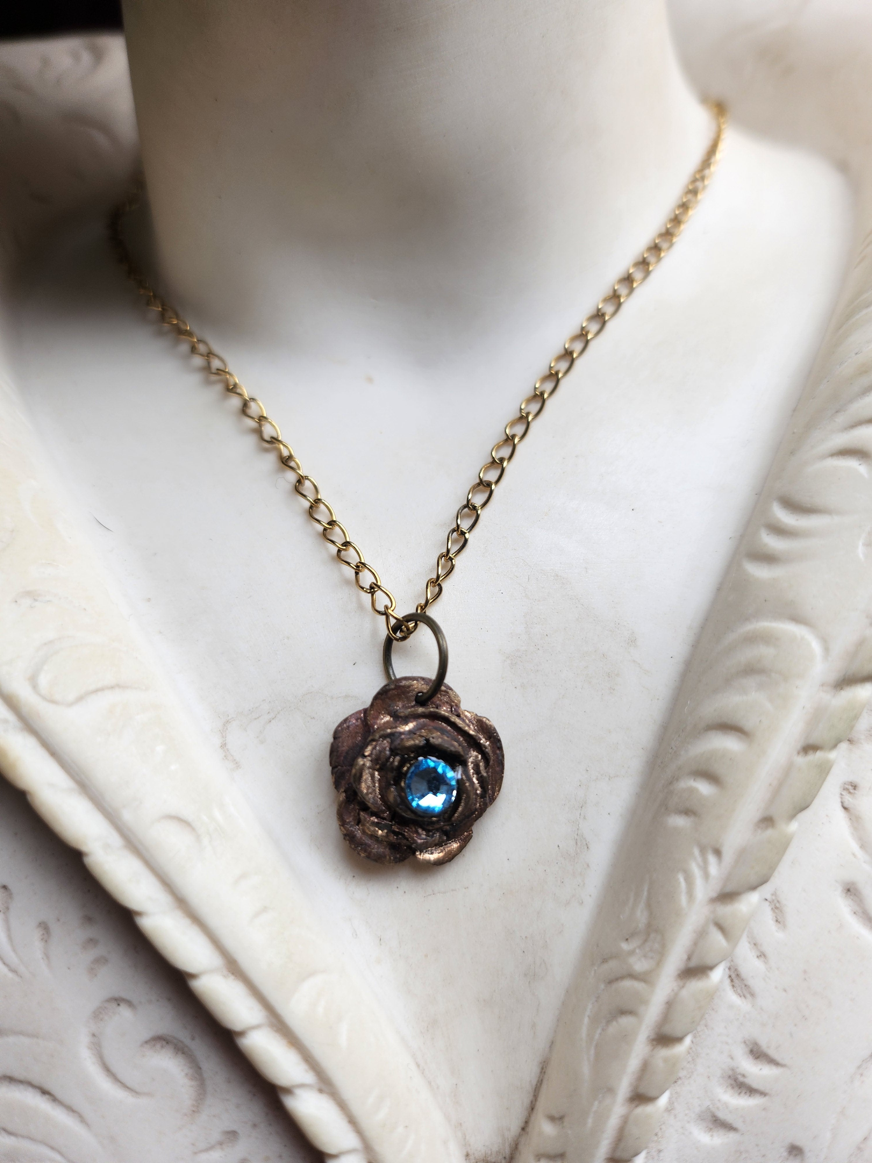 Rosarium Collection - Handmade Bronze Rose Pendant with Light Blue Crystal
