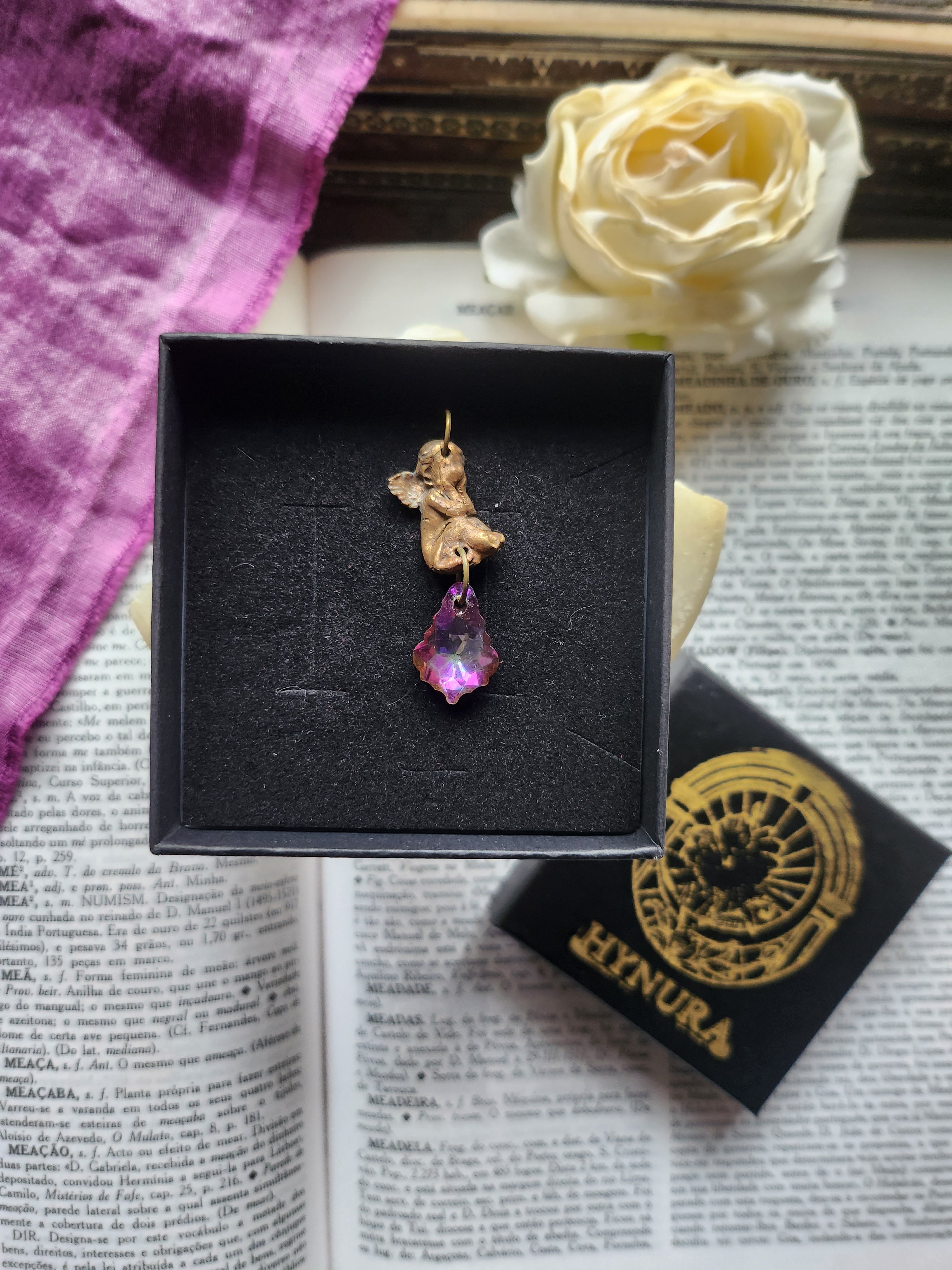 Echoes of Heaven Collection - Handmade Bronze Angel Pendant with Fuchsia Crystal