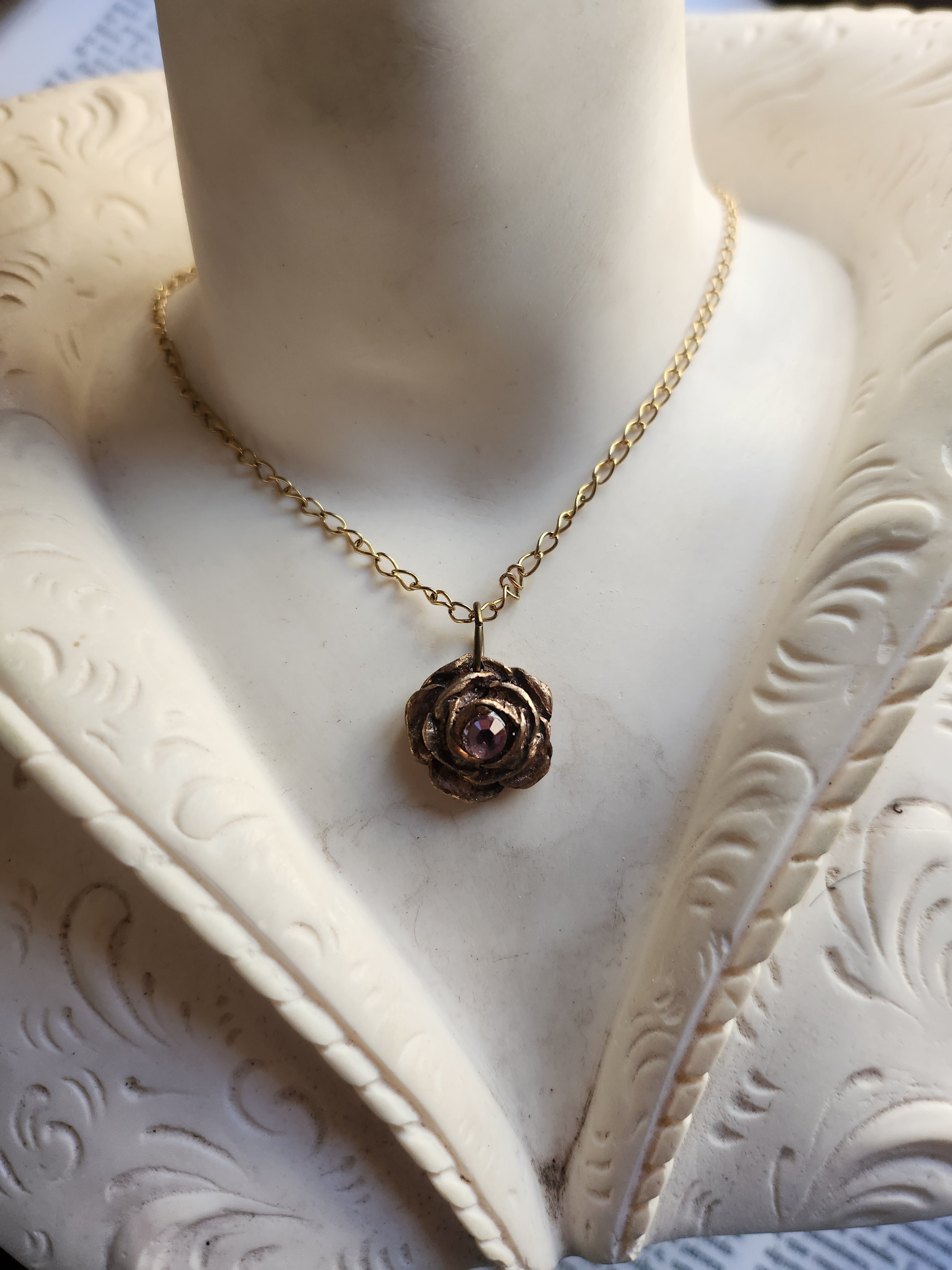 Rosarium Collection- Handmade Bronze Rose Pendant with Light Pink Crystal