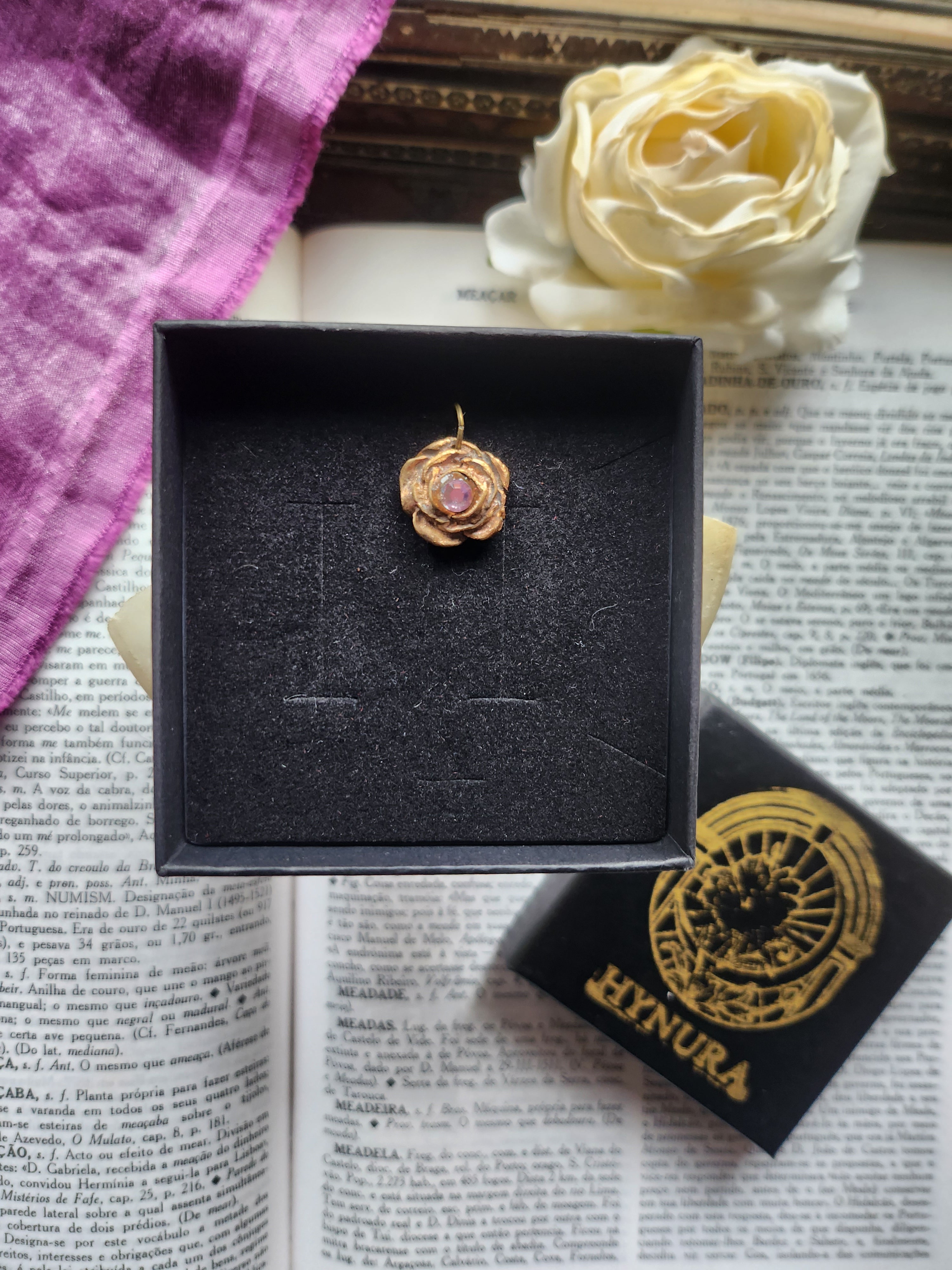 Rosarium Collection- Handmade Bronze Rose Pendant with Light Pink Crystal