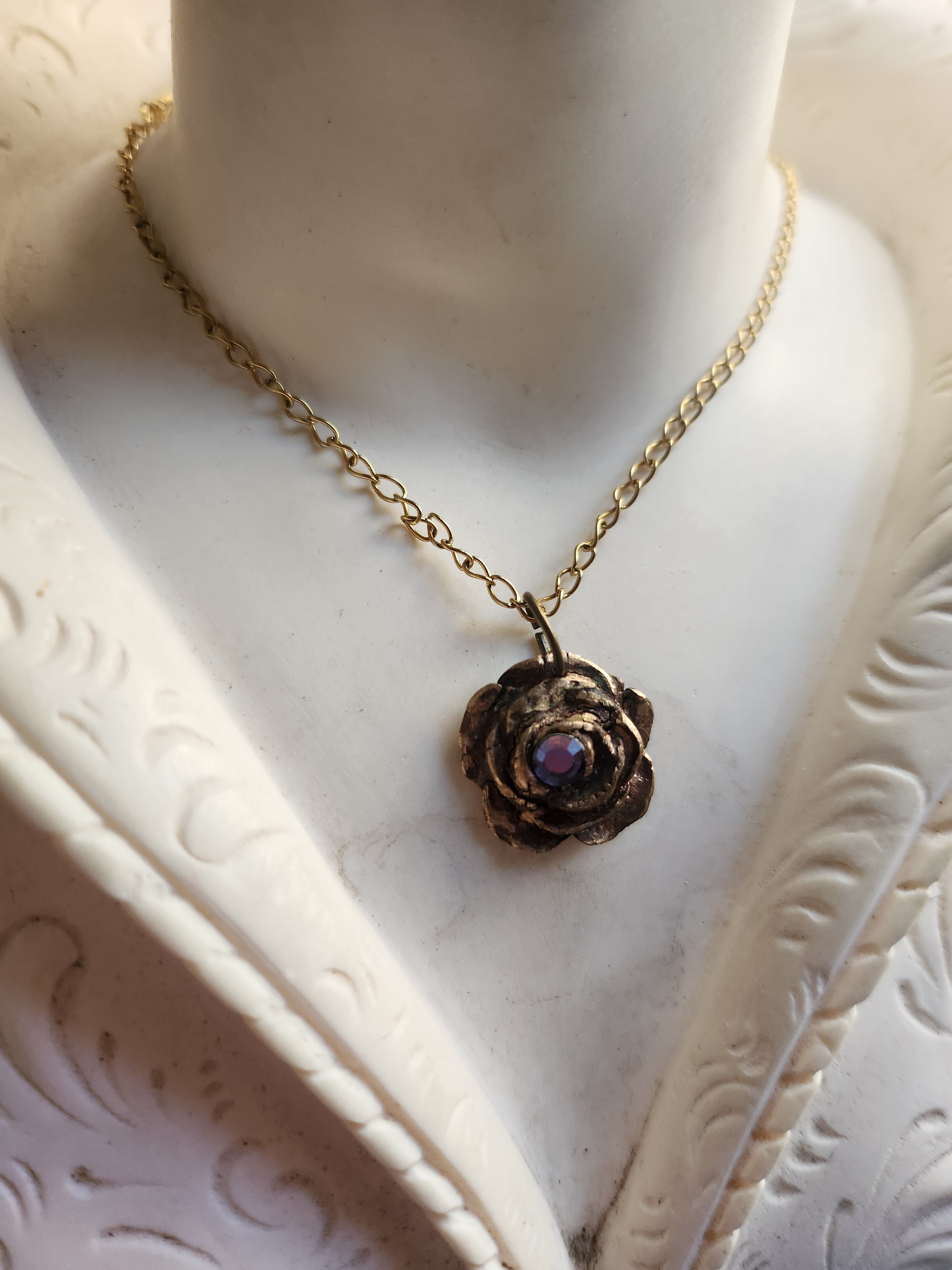 Rosarium Collection- Handmade Bronze Rose Pendant with Tanzanite Crystal