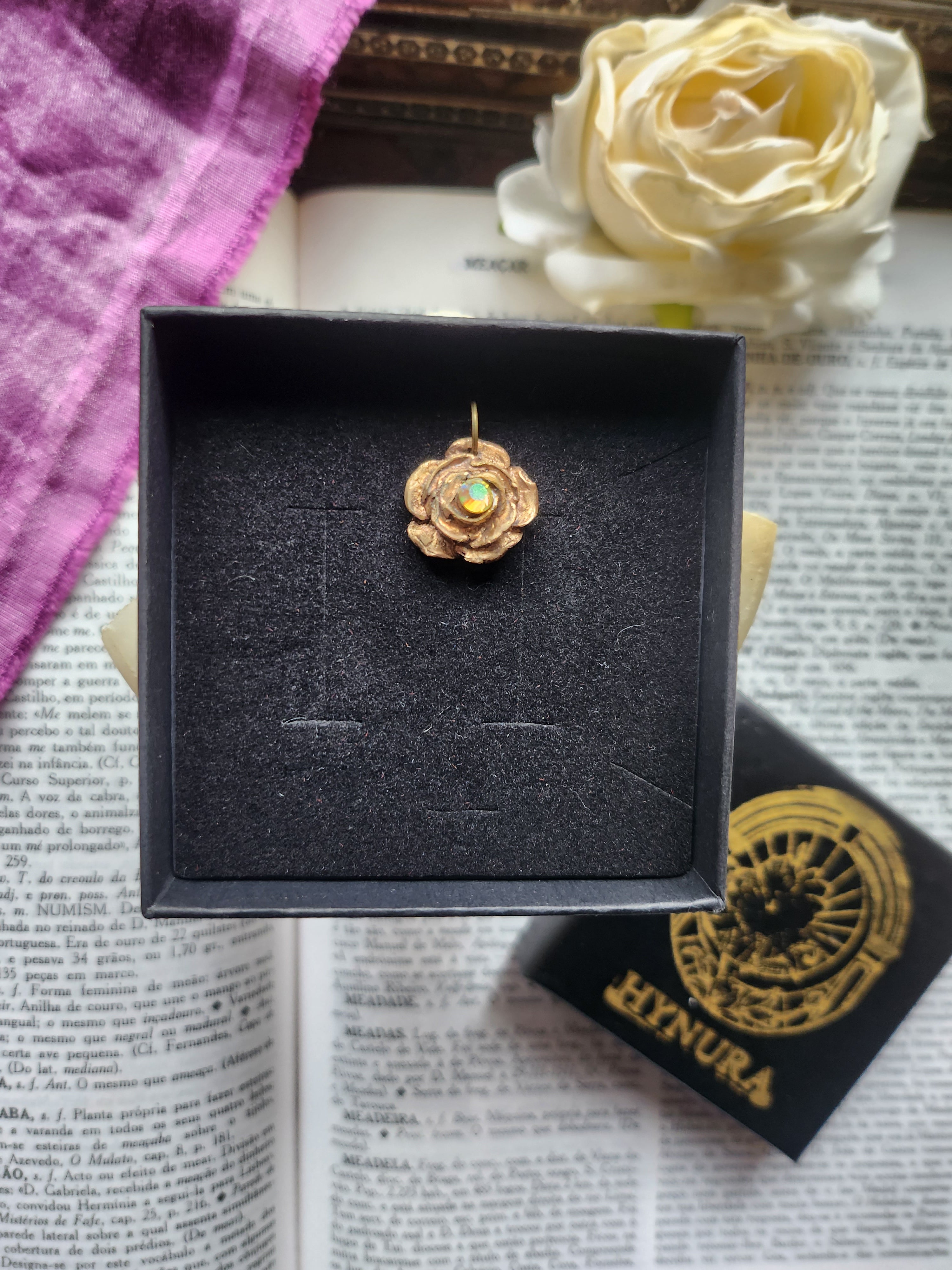 Rosarium Collection- Handmade Bronze Rose Pendant with Yellow Opal Crystal